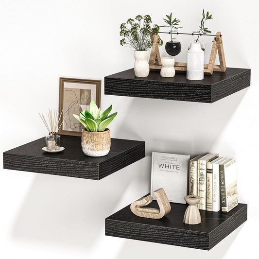 Square Floating Shelves for Wall, 12" W x 12" D x 1.2" H, Small Wooden Wall Mounted Display Shelves with Invisible Brackets for Living Room, Bedroom, Bathroom, Kitchen Decor, Set of 3, Black
