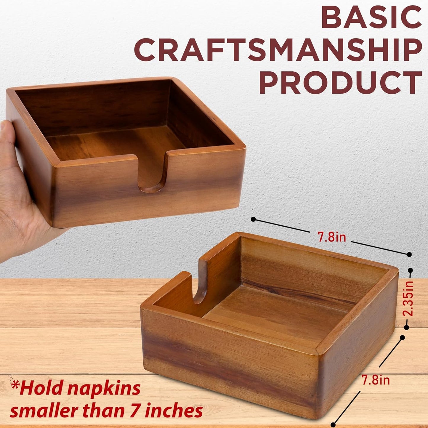 Acacia Lunch Napkin Holder 7.8 x 7.8 inches for Dining Table and Kitchen – Napkin Dispenser Made from Brown Acacia Wood – Premium Quality Feel for Dessert Beverage Party Dinner Luncheon Bar Table