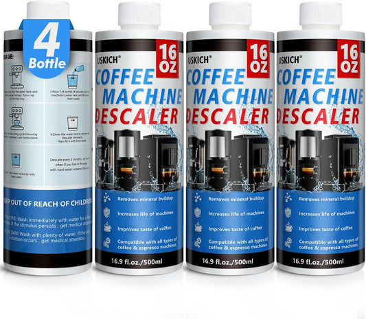 4 Pack Coffee Machine Descaler Cleaner -16 Uses,Descaling Solution for Nespresso Breville Keurig Jura &Delonghi - Coffee Machine Cleaners For All Coffee Makers & Espresso Machines,Glass Pot Cleaner