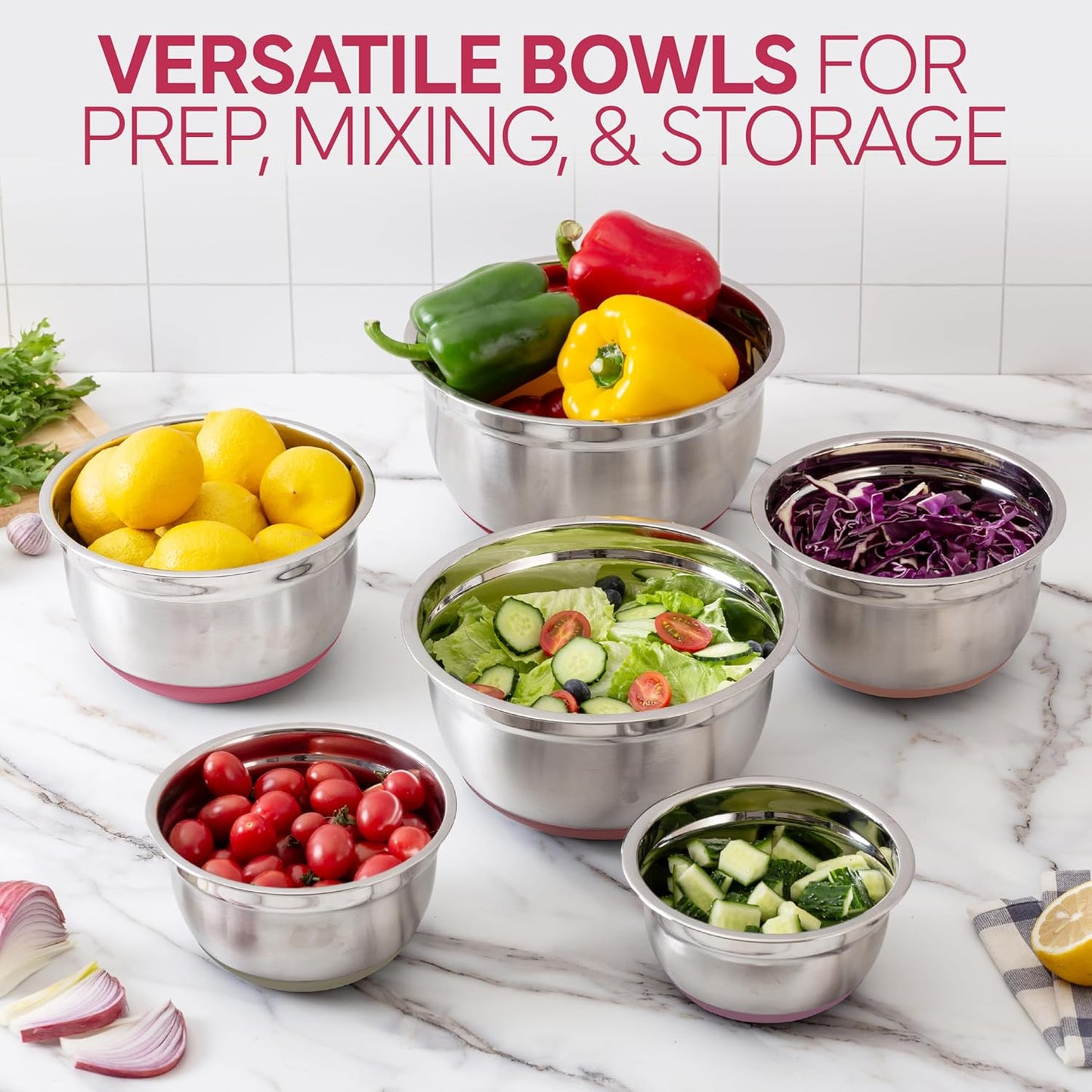 COOK WITH COLOR Stainless Steel Mixing Bowls Set with Lids - Nesting Bowls with Non-Slip Bottom, Rose, 12 Pieces