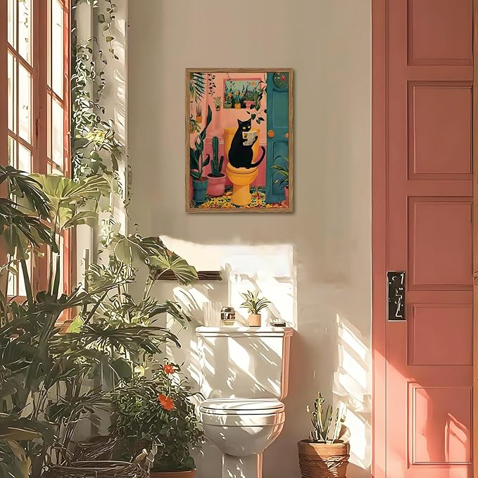 Funny Black Cat Bathroom Wall Art Whimsical Cat Reading Newspaper on Toilet - Image 6