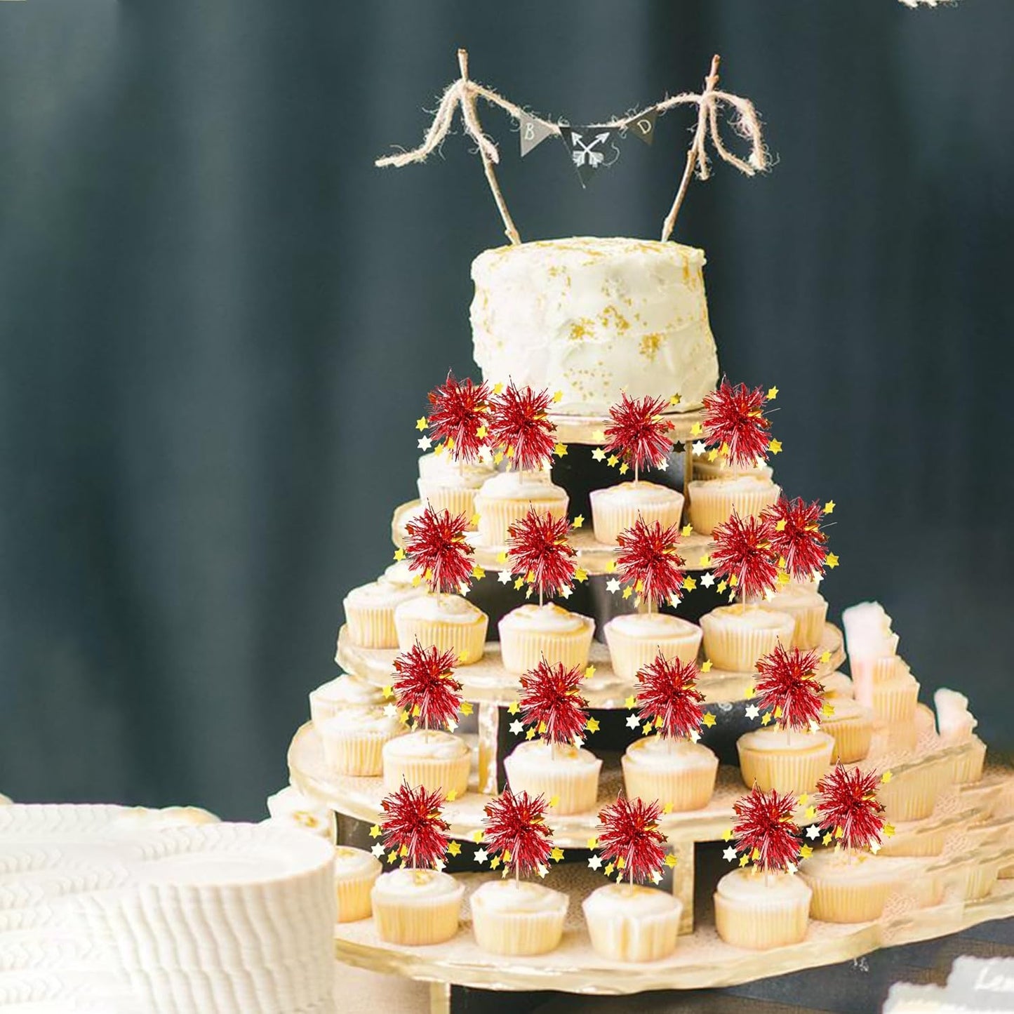 30 PCS Foil Firework Cupcake Toppers Happy Birthday Star Cupcake Picks Sparkle Tinsel Drink Stirrers Cocktail Fruit Toothpicks for Valentine's Day Wedding Birthday Party Decorations Supplies Red