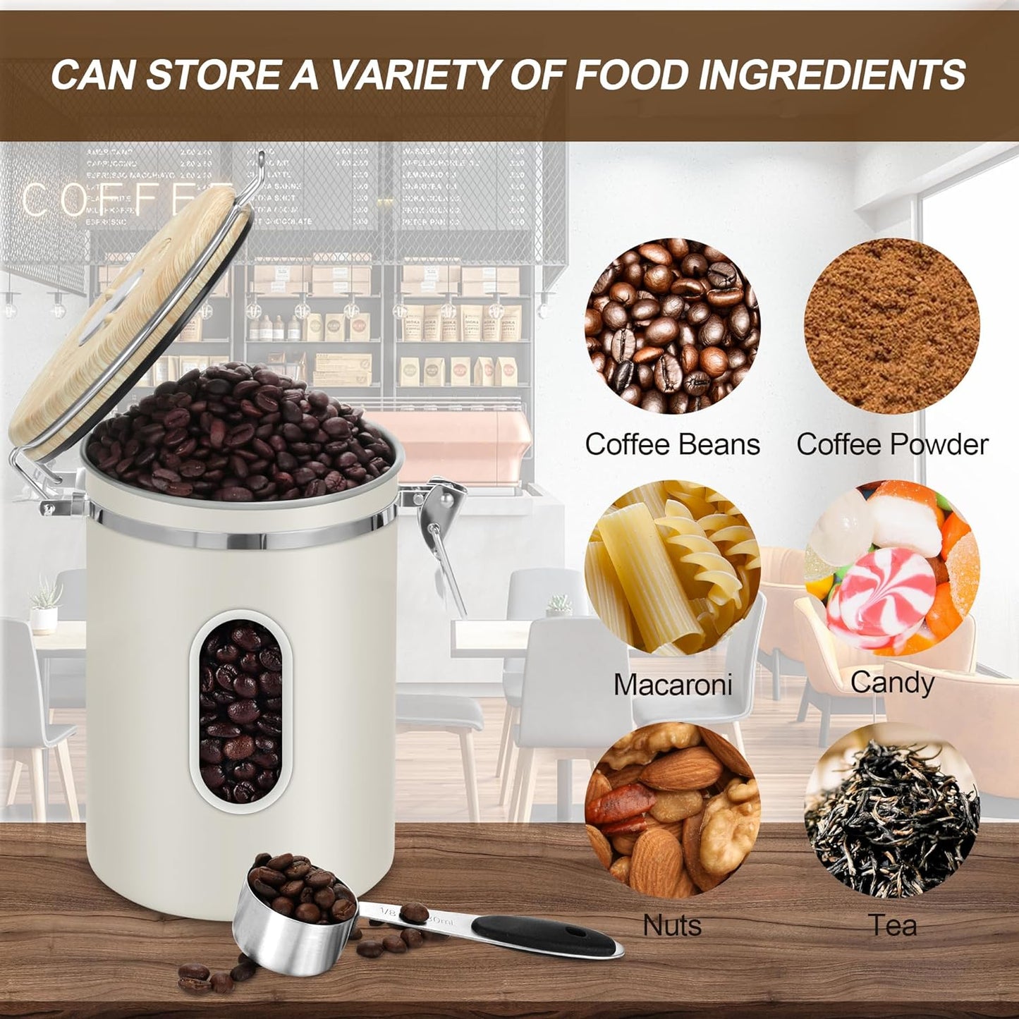 1800ML Airtight Coffee Canister with Date Tracker&Transparent Window, 22.8OZ Coffe Beans Storage with 30ML Measure Spoon&4 co2 Valve, Coffee Container for Grounds Coffee, Beans, Tea, Sugar(Beige)