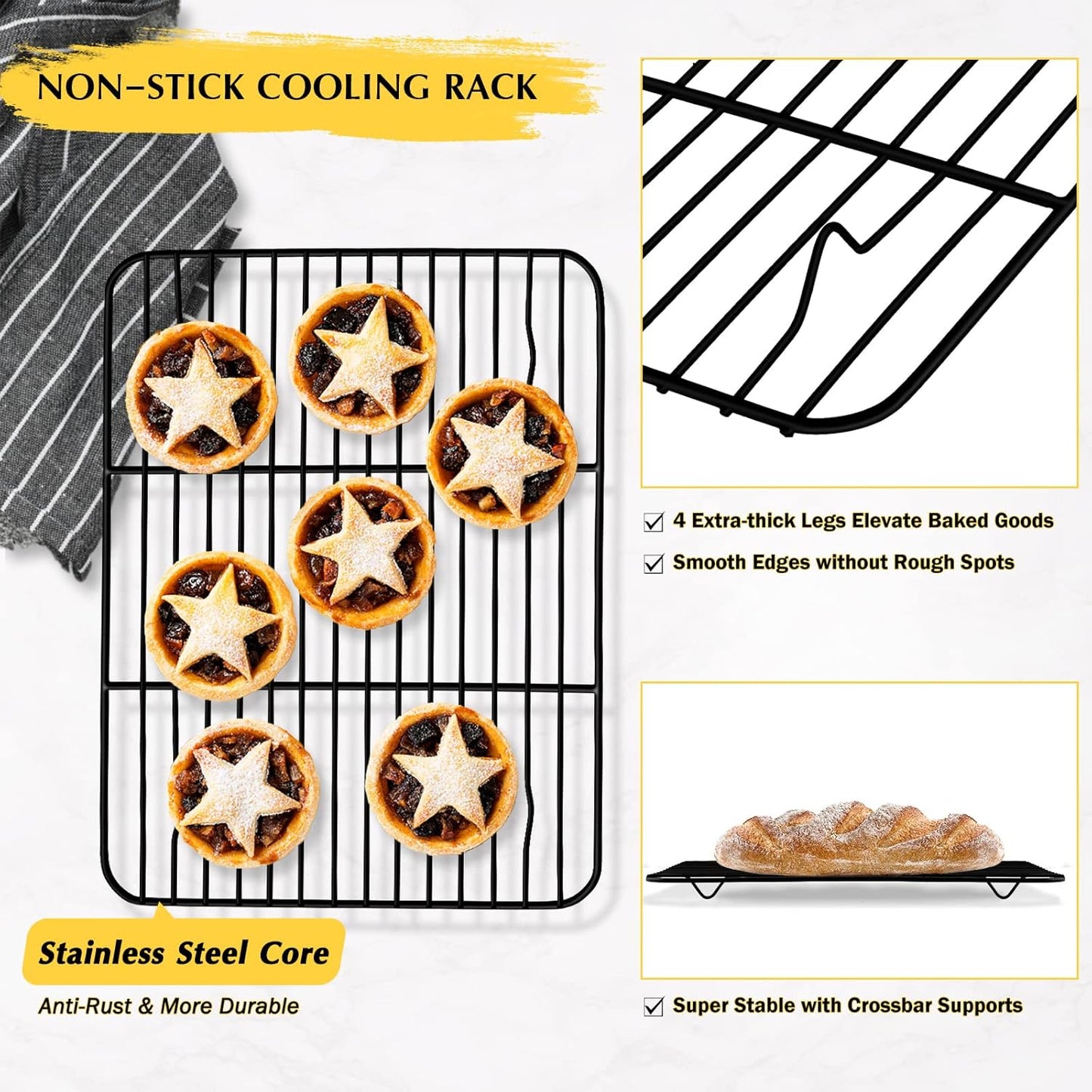 Small Baking Wire Rack Set of 2, E-far Non-stick Rack for Toaster Oven Cooking Roasting Broiling Grilling Meat Bacon, 8.7” x 6.2” Metal Bakeable Cooling Racks for Cookie Cake - Easy to Clean