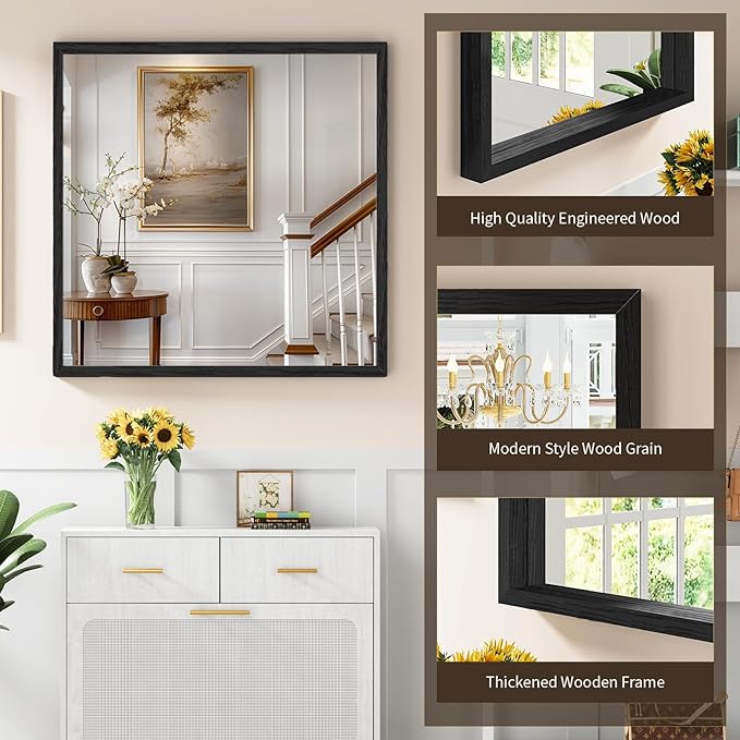 Syndra Square Black Wood Frame Bathroom Mirror, Waterproof Slim Deep Frame - Image 3