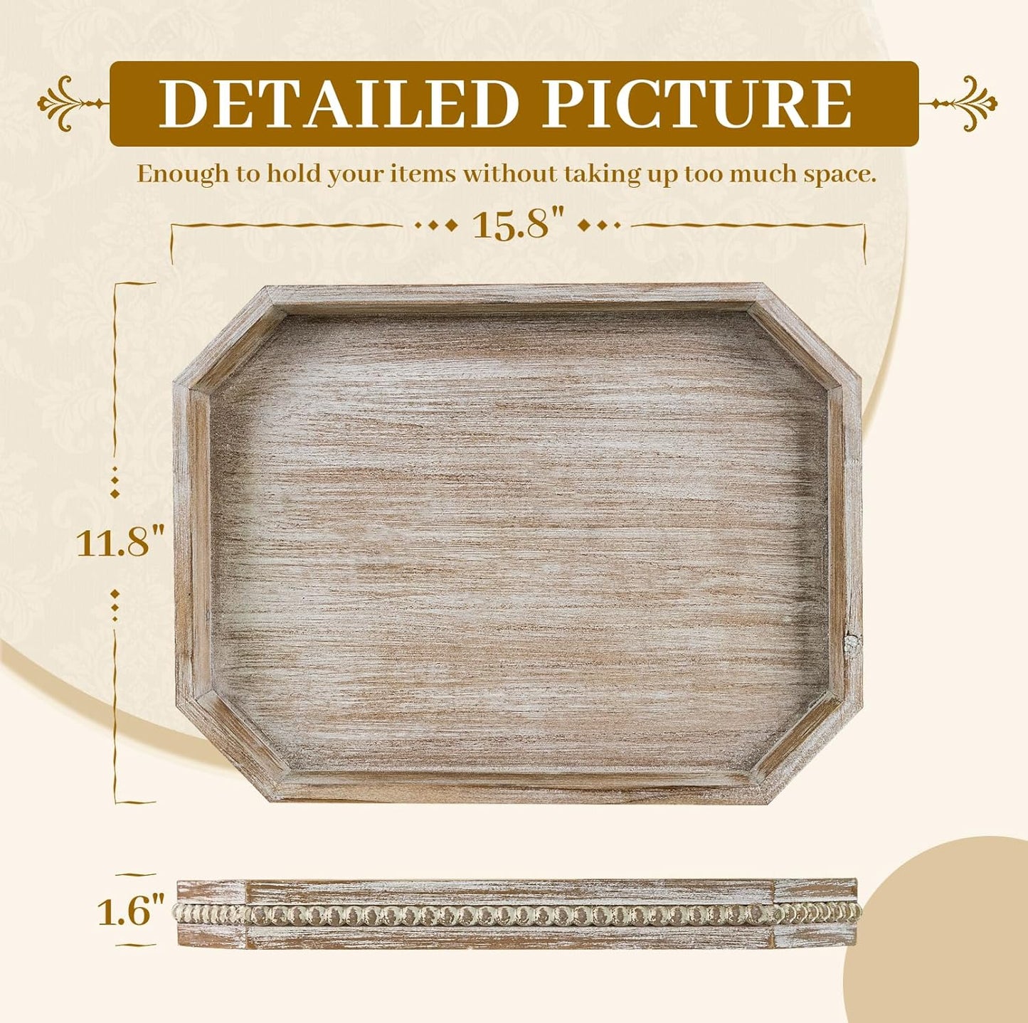 MAONAME Wood Serving Tray, Farmhouse Wooden Tray for Coffee Table, Octagonal Beaded Trays, Washed White Decorative Trays for Living Room, Kitchen, 15.7" X 10.2" X 1.6"
