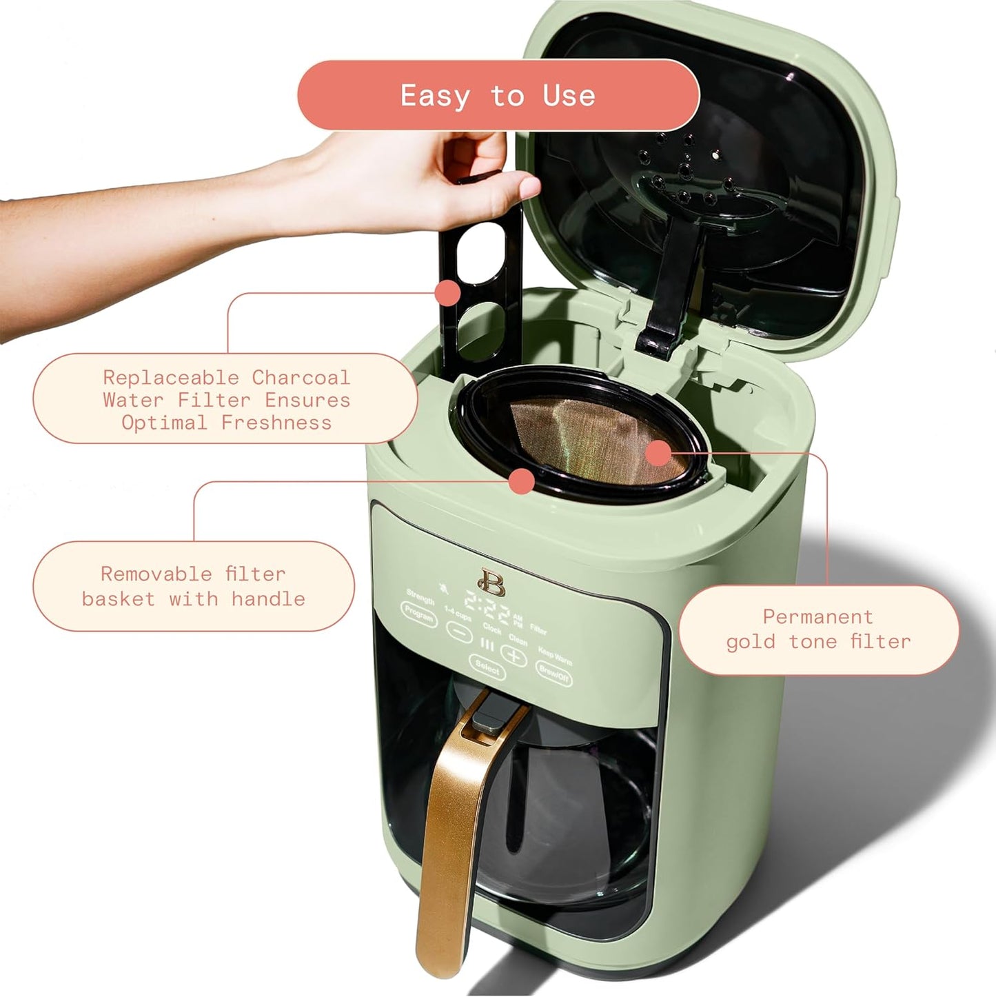 Beautiful Coffee Maker, 14-Cup, Touch Display, Programmable, 1200W, Stainless Steel, Keep Warm, 24h Timer dishwasher-safe (Sage Green)