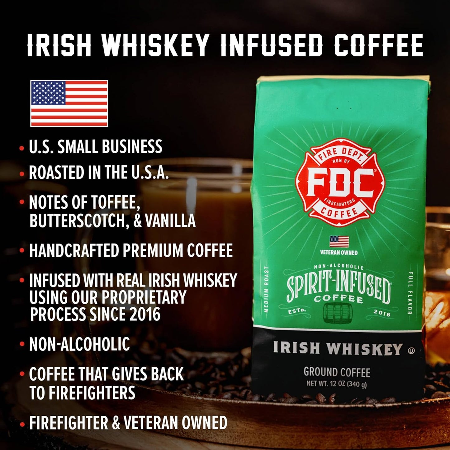 Fire Department Coffee - Gives Back to Firefighters - Irish Whiskey Infused Ground Coffee - Medium Roast - Non-Alcoholic - Roasted in the USA - Veteran Owned -12 oz