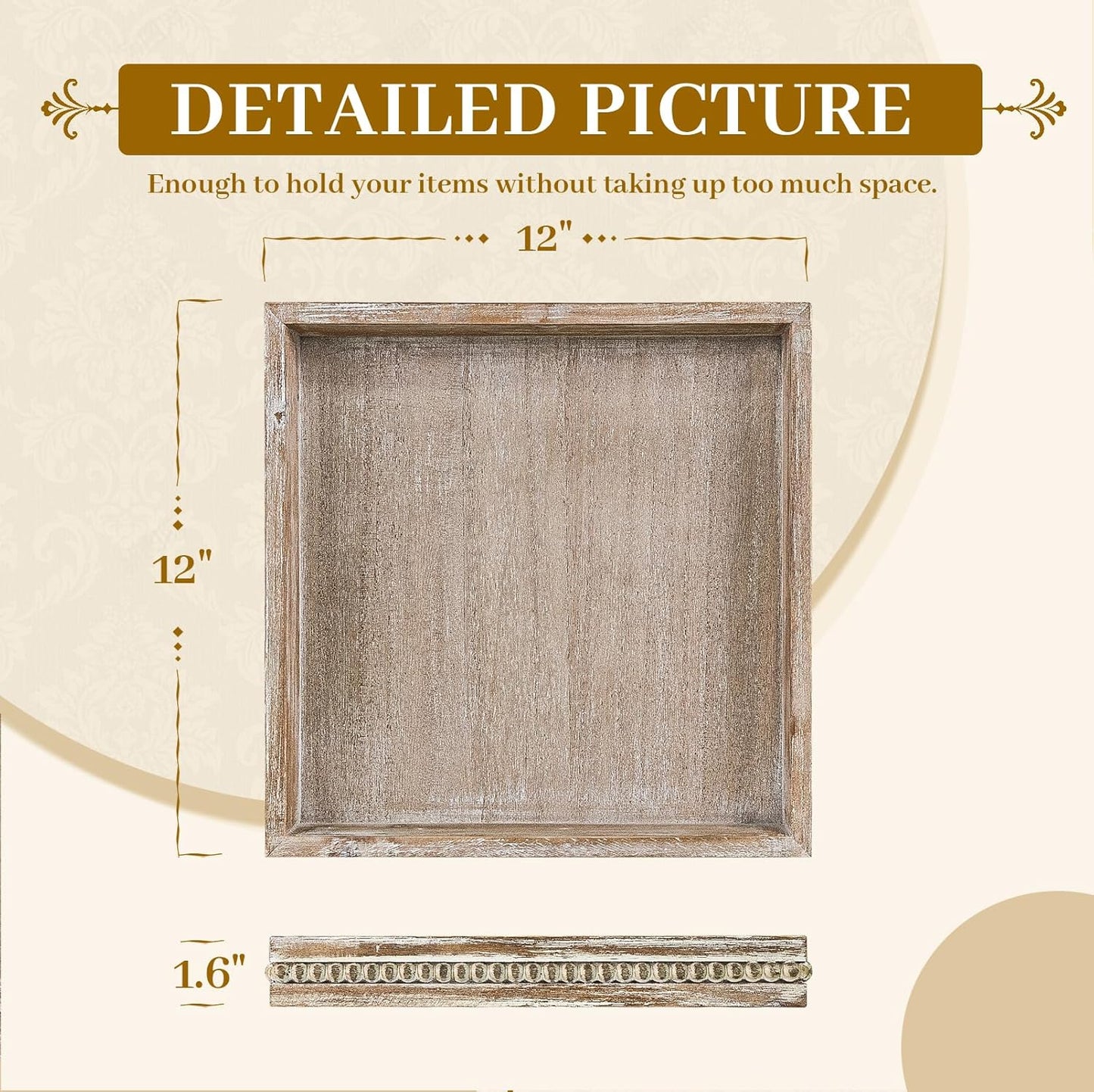 MAONAME Wood Serving Tray, Farmhouse Wooden Tray for Coffee Table, Rustic Square Trays with Beads, Washed White Decorative Trays for Living Room, Kitchen, 12" X 12" X 1.6"