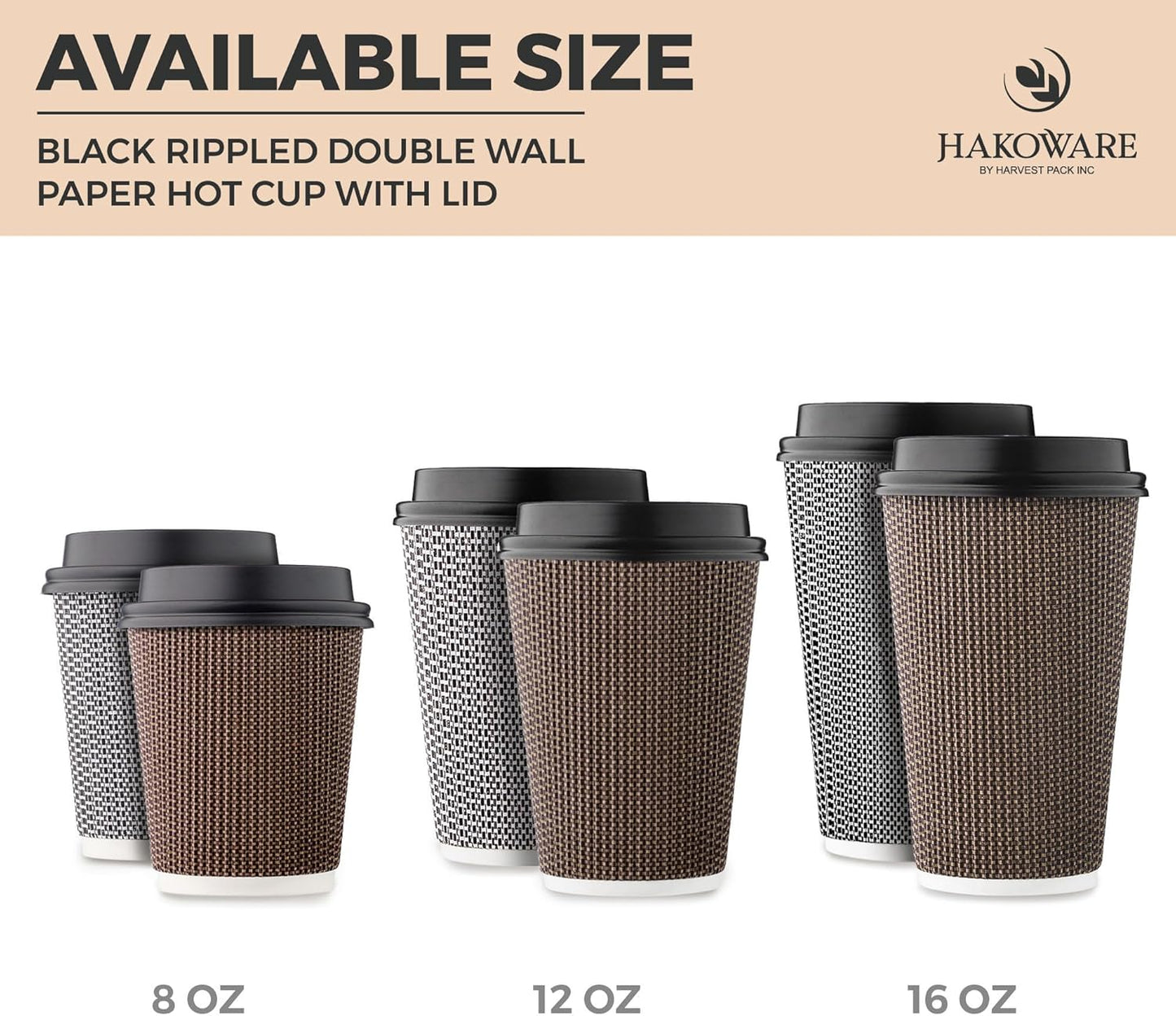 [100 SET]Harvest Pack 12 oz Disposable Coffee Cups, Insulated Ripple Double-Walled Paper Cups with Lids, Brown Geometric, Leak-Proof Drinking Cups for Tea Hot Chocolate Drinks To go coffee cups