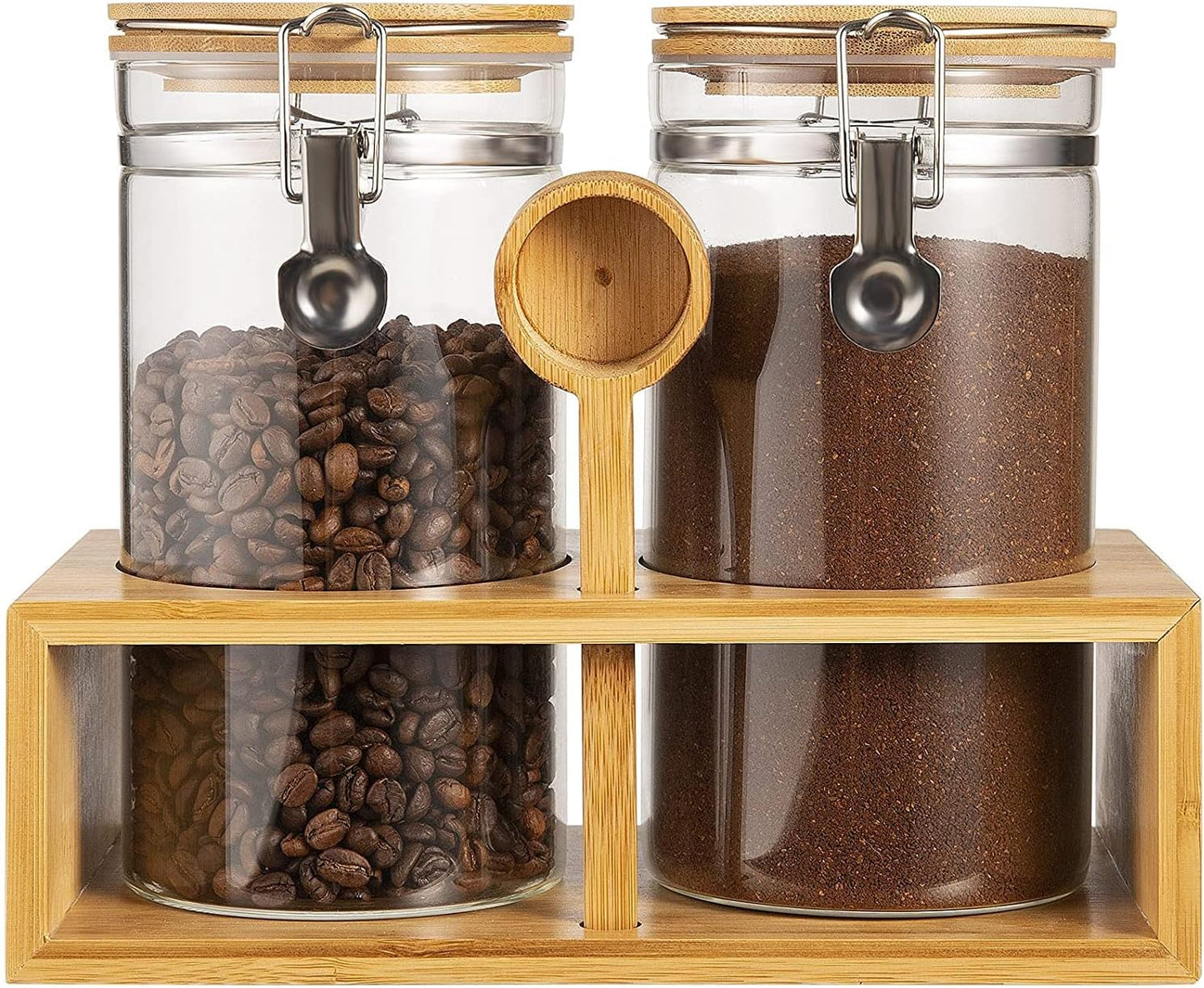 Yangbaga Ground Coffee Storage Container with Shelf, 2×45OZ Glass Coffee and Sugar Container Set, Coffee Canisters with Airtight Lids and Scoop, Food Storage Jars for Kitchen,Nuts,Tea,Sugar
