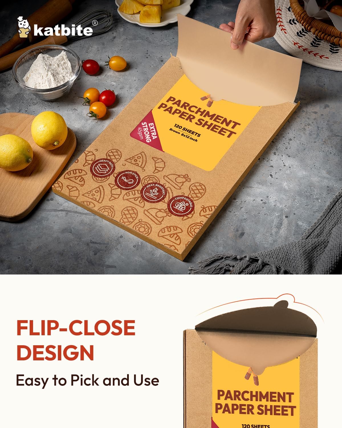 Katbite 120Pcs 8x12 inches Parchment Paper Sheets, Heavy Duty Unbleached Baking Paper, Pre-cut Parchment Paper for Baking, Air Fryer, Grilling, Steaming