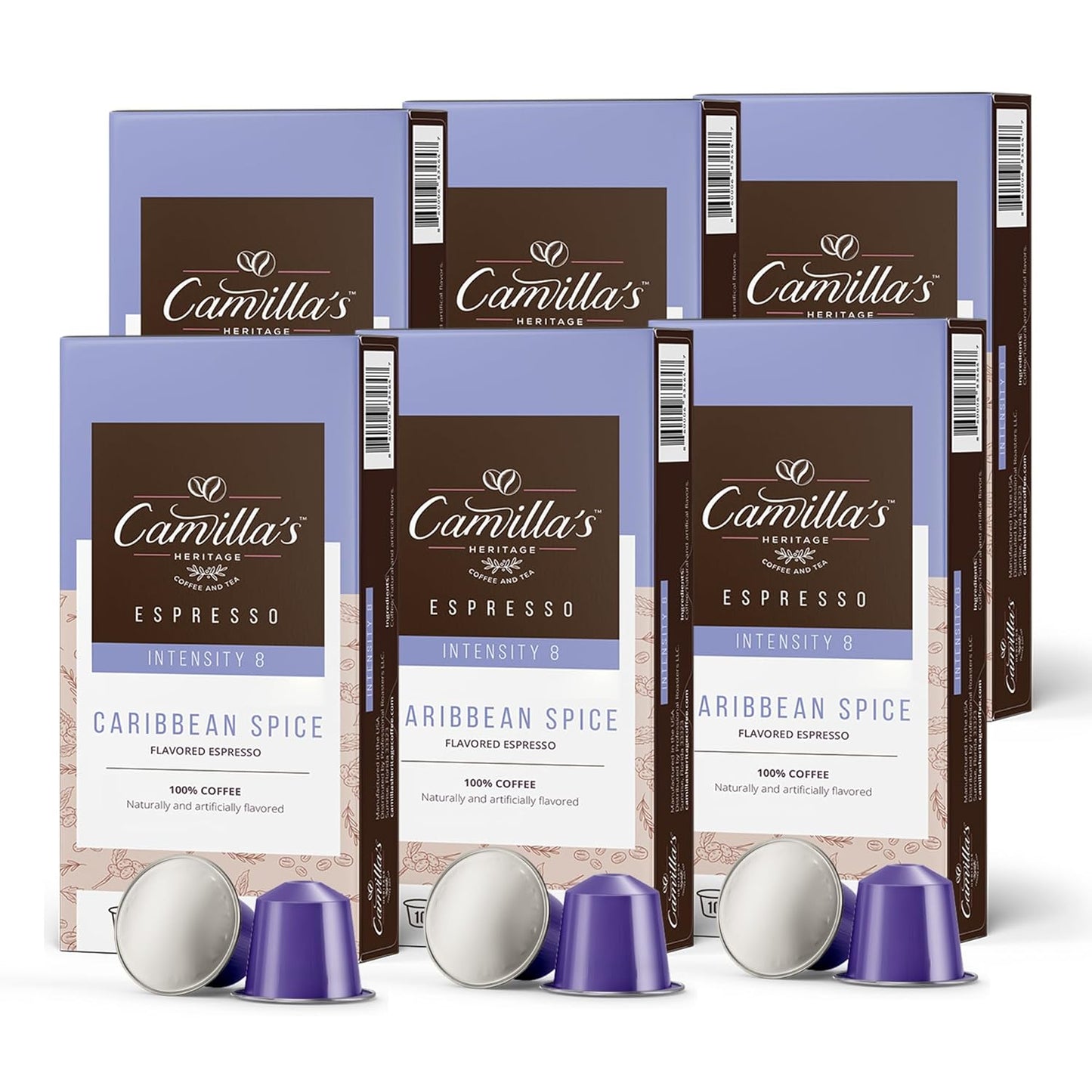 Camilla’s Heritage - Intensity 8 Caribbean Spice Flavored Espresso Coffee, Gourmet Espresso Cups, 60 Coffee Pods