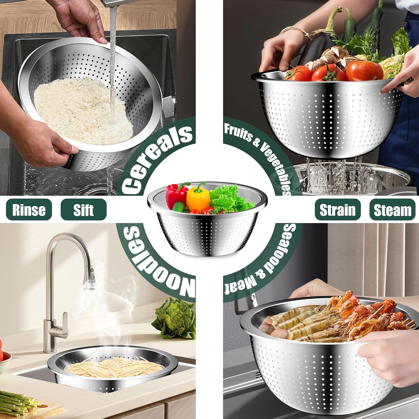 Mixing Bowls with Airtight Lids Set, 4 Stainless Steel Bowls Nesting Bowls & Colander, Kitchen Organizers and Storage Non-Slip Bottom, Size 1.5/2.0/2.5/4.5QT, Great for Mixing & Serving, Black