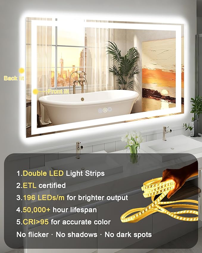 24x36 LED Bathroom Mirror with Lights, Super Bright Front & Backlit Vanity - Image 8