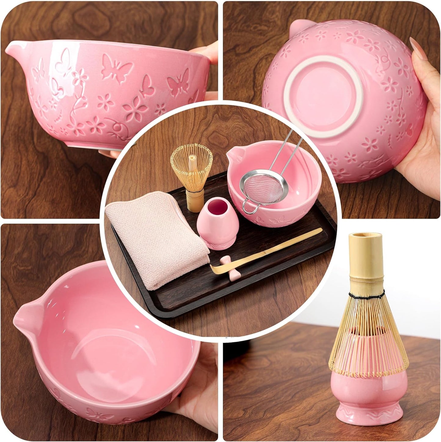 Matcha Whisk Set 7 PCS Matcha Bowl, Matcha Whisk and Holder, Bamboo Scoop and Scoop Rest, Stainless Sifter and Tea Towel Ceramic Matcha Set Japanese Matcha Kit for Matcha Lovers Pink