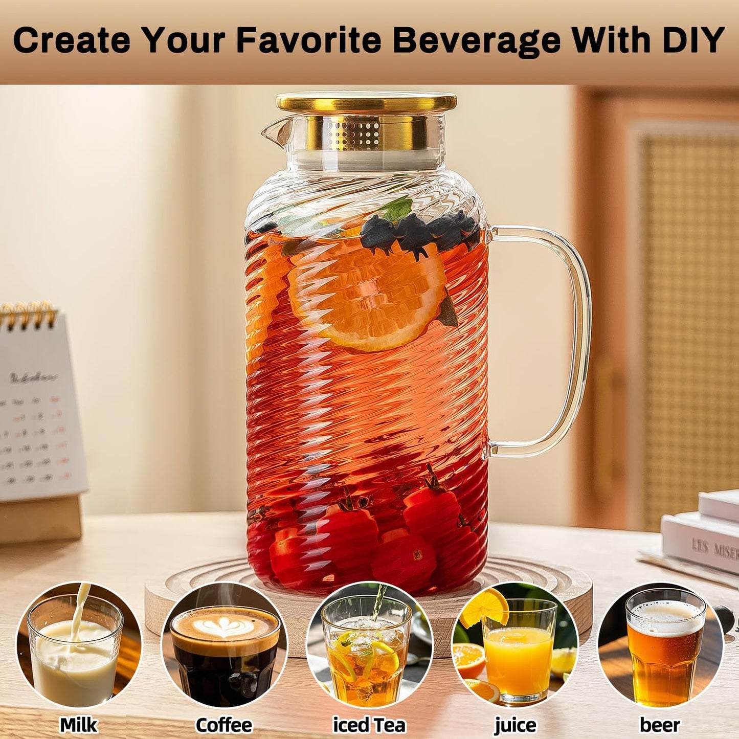 2 PACK Glass Pitcher with Lid, 68 oz/ 2 Liter Spiral Pattern Water Pitcher,Glass Water Carafe for Cold Brew, Coffee, Lemonade, Iced Sun Tea,Beverage, Milk, Heat Resistant