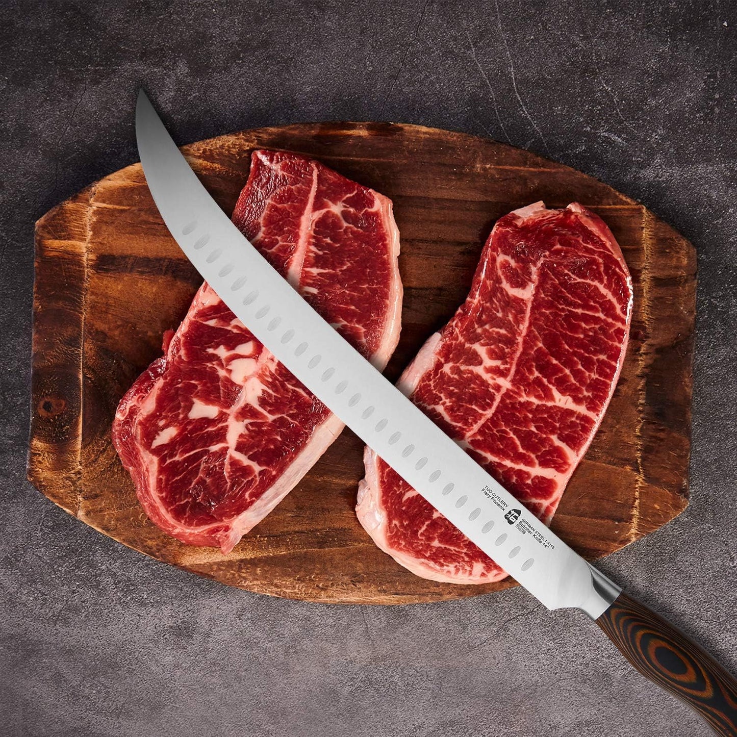 TUO Cimitar Butcher Knife - 14 Inch Butcher's Breaking Knife Long Meat Slicing Knives Pro Curved Slicer Carver - Forged German Steel with Full-Tang Pakkawood Handle - Fiery Series Gift Box Included