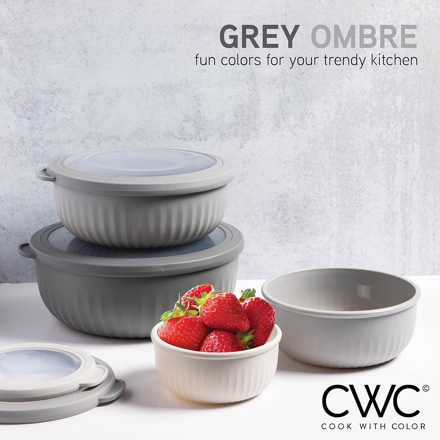 COOK WITH COLOR Prep Bowls with Lids- Wide and Deep Nesting Plastic Small Mixing Bowl Set with Lids, 8 Piece Set - Wide Bowls, Gray