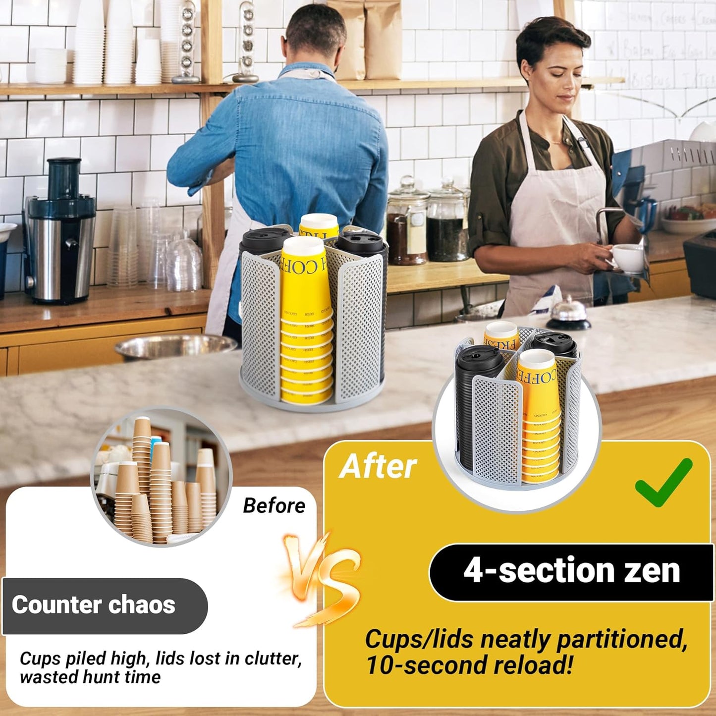 4-Compartment Rotating Paper Cup Holder & Coffee Cup Lid Storage Dispenser, Plastic Cup Dispenser Removable, Space-Saving Countertop Cup Holder for Coffee Bars, Kitchens (Grey)