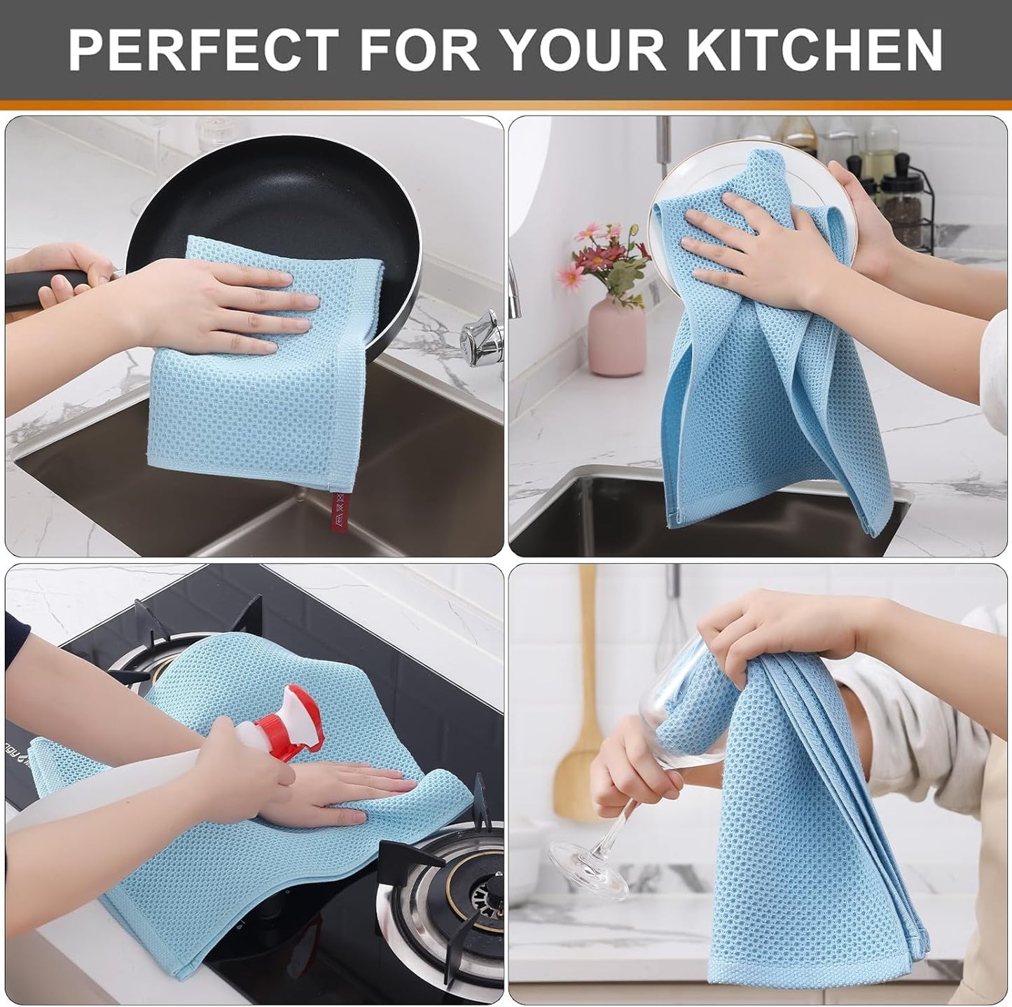 Kitinjoy 100% Cotton Waffle Weave Kitchen Towels (13 X 28 Inches, Sky Blue), 6-Pack Super Soft and Absorbent Dish Towels for Drying Dishes, Kitchen Hand Towels