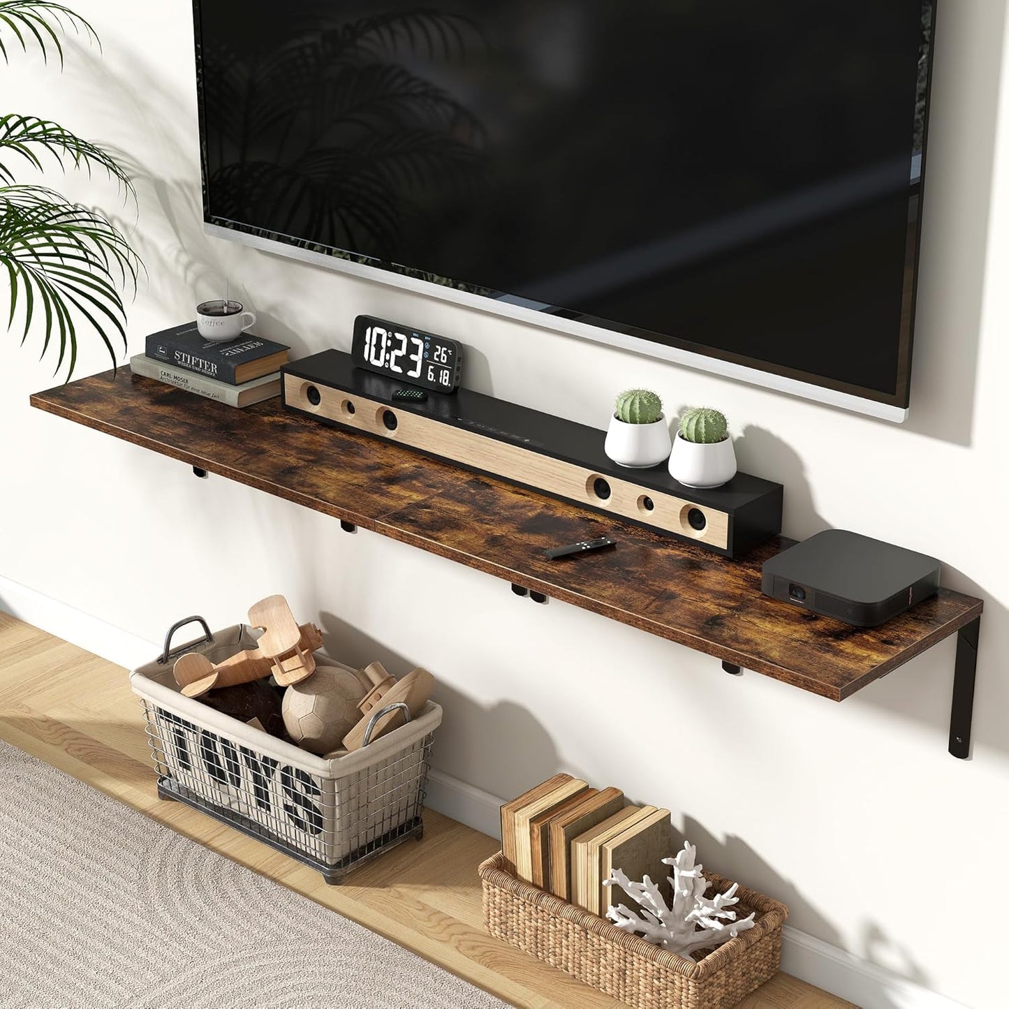 Fun Memories Rustic Brown 12 Inch Deep Floating Shelves Set of 2, Wall Mounted Shelf with Metal Brackets, Rustic Wood Wall Shelf for Bathroom, Kitchen and Living Room