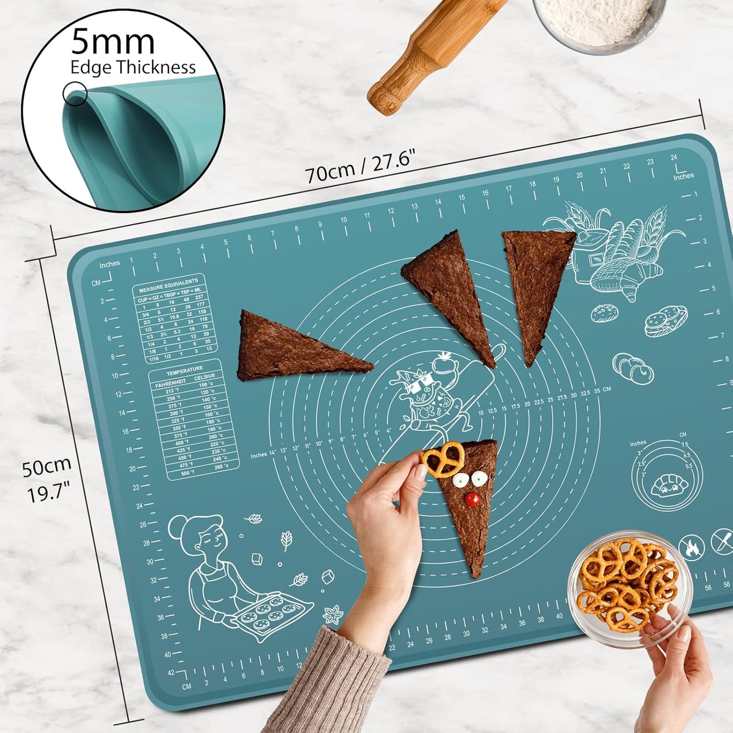 Silicone Pastry Mat 28" x 20" Extra Thick Non Stick Baking Mat with Measurements and Edge Heightening, Food Grade Silicone Rolling Mat for Pastry, Bread, Cookies, Pizza, Fondant, Pasta