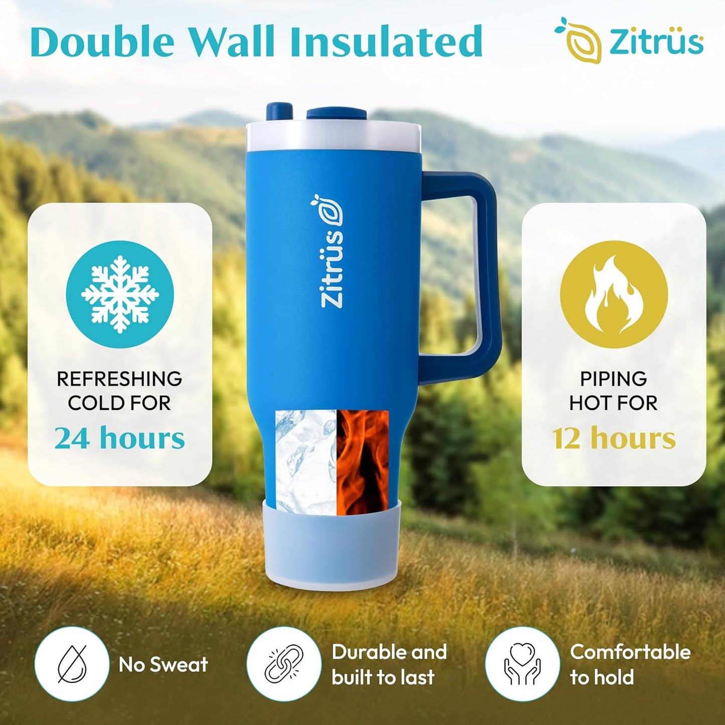 40 oz Tumbler with Handle and Straw | Leak Proof Insulated Stainless Steel Water Bottle Travel Mug Fits in Cup Holder | Keeps Cold Hot | Gifts for Women Men Him Her (Blue, 40 oz)