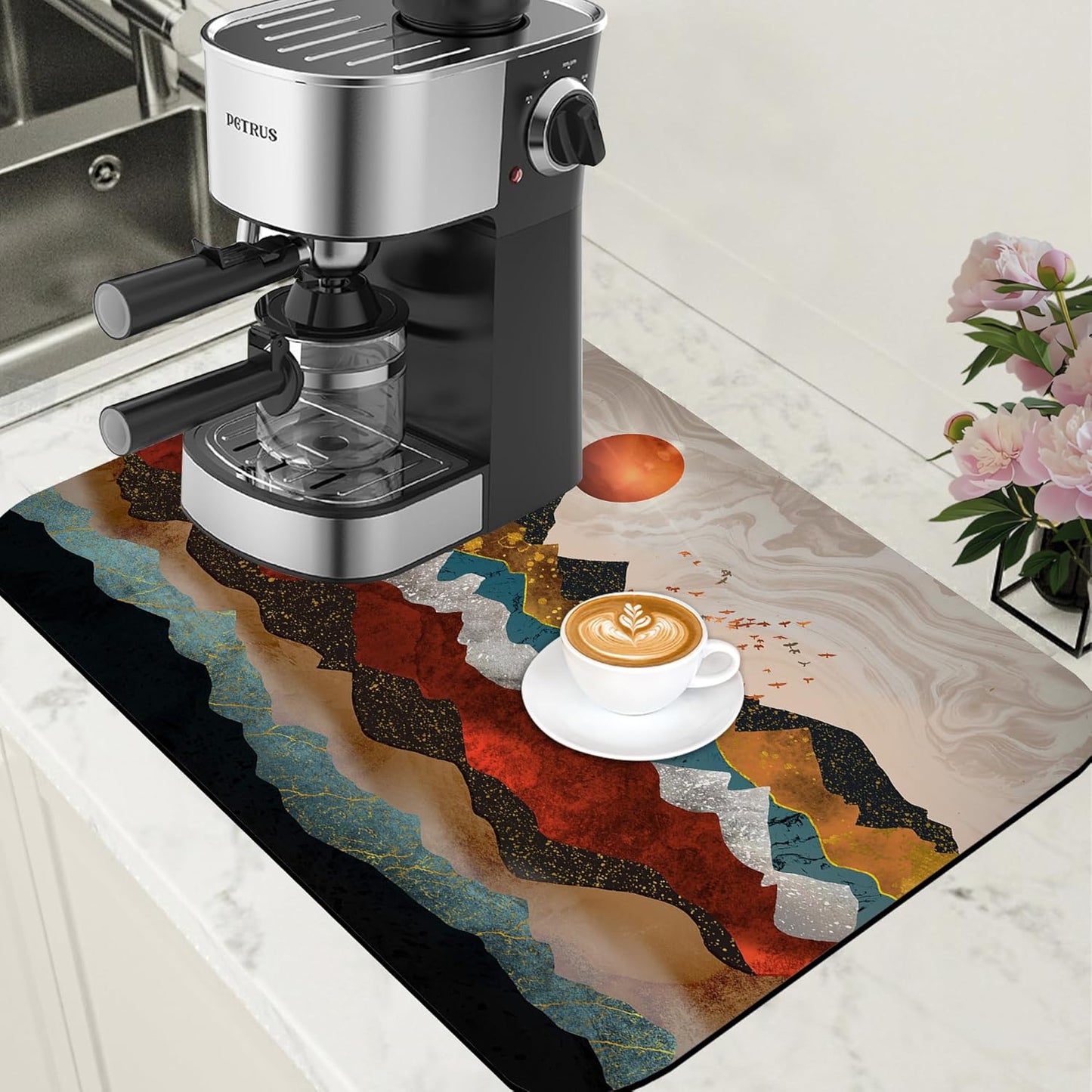 Abstract Golden Mountains Coffee Mat Absorbent Dish Drying Mat for Kitchen Counter Hide Stain Rubber Backed Coffee Bar Accessories Fit Under Espresso Machine Dish Drainer, 15.7 x 23.6 Inch