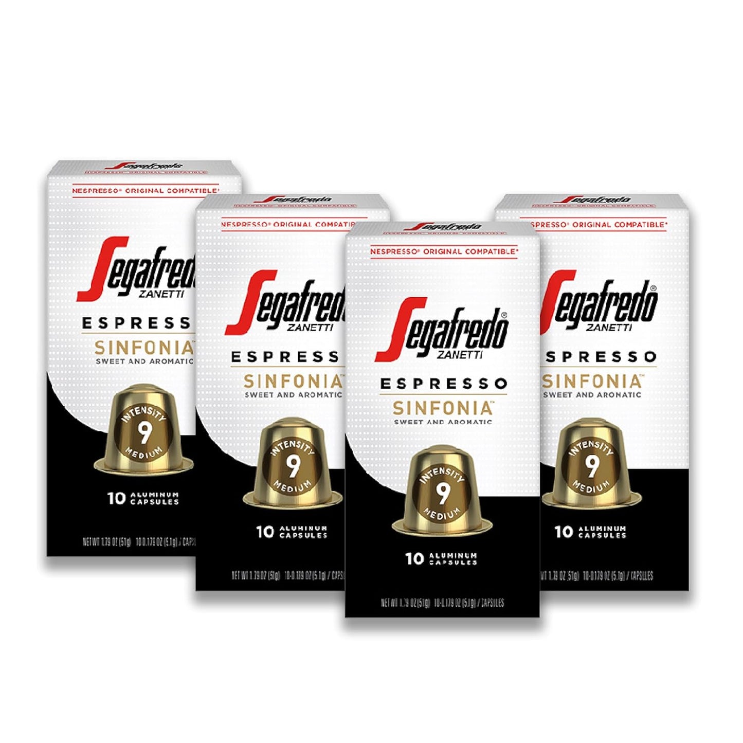 Segafredo Zanetti Espresso Capsules – Aluminum Pods for Nespresso Original Machines – Medium Roast Premium Espresso with a Sweet Aroma – Subtle, Intensity 9 – Sinfonia, 10 Count (Pack of 4)