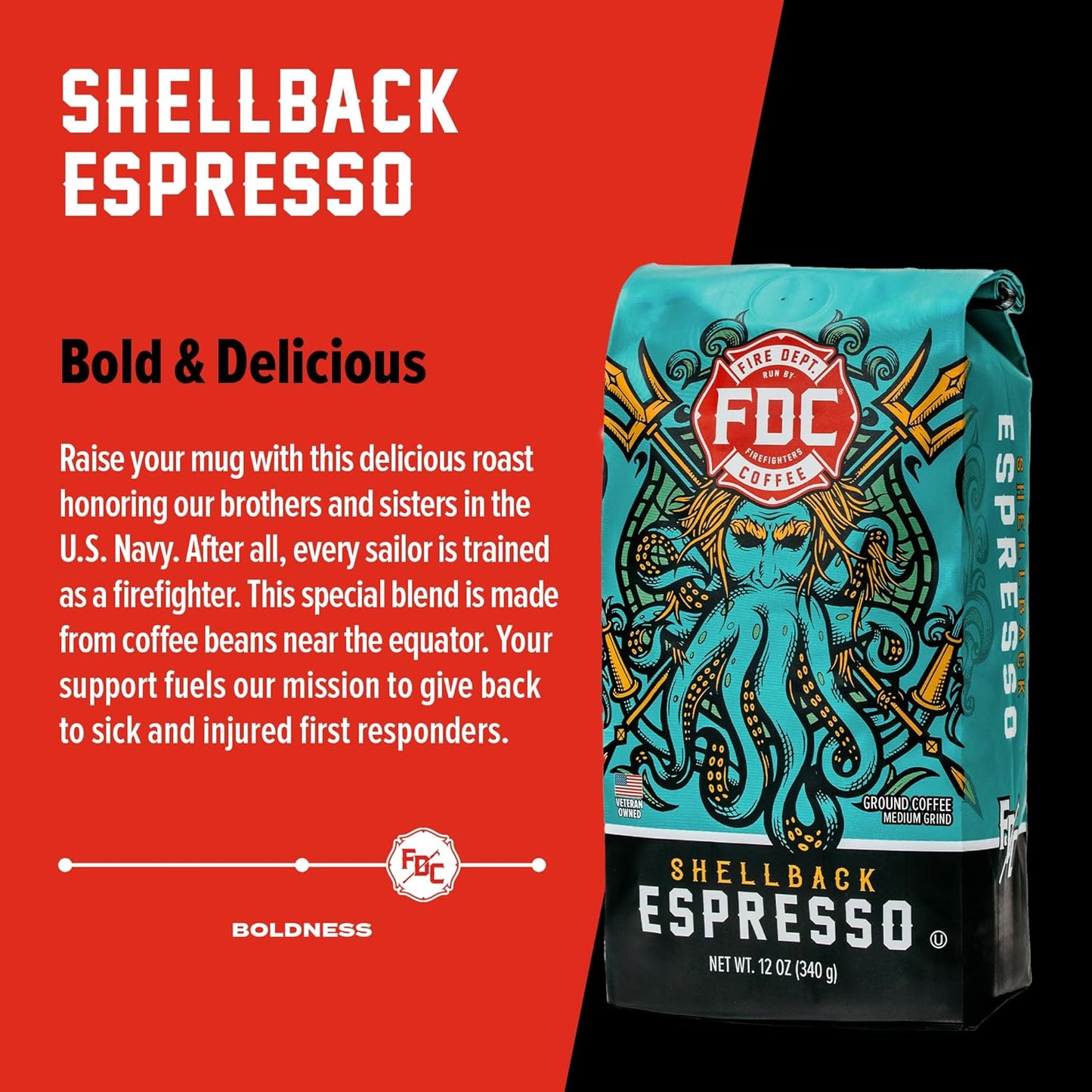 Fire Department Coffee - Gives Back to Firefighters - Bold & Smooth Shellback Espresso Ground Coffee - Roasted in the USA - Veteran Owned - 12 oz