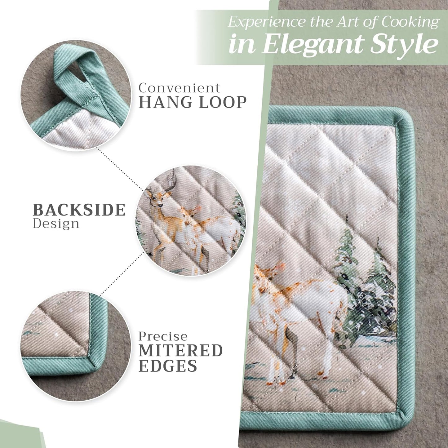 Maison d' Hermine Pot Holders Set 100% Cotton Heat Resistant Potholders 8" x 8" Hot Pads with Loop BBQ, Cooking, Baking, Grilling, Kitchen, Handling Hot Pans (Pack of 2, Deer in The Woods)