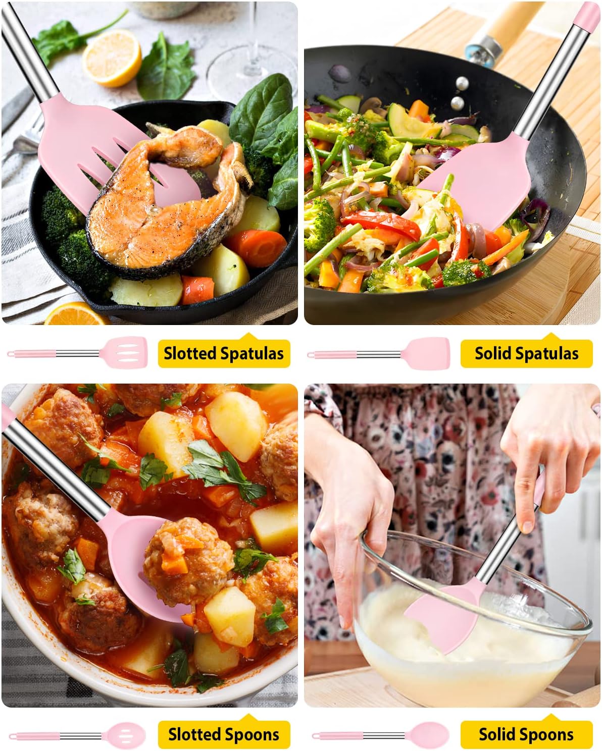 Pack of 4 Silicone Cooking Utensils Set, Non Stick Large Solid Spatulas, Heat Resistant Pink Slotted Spoons, Ideal BPA Free Kitchen Turners for Frying, Mixing,Serving,Draining,Turning,Stirring