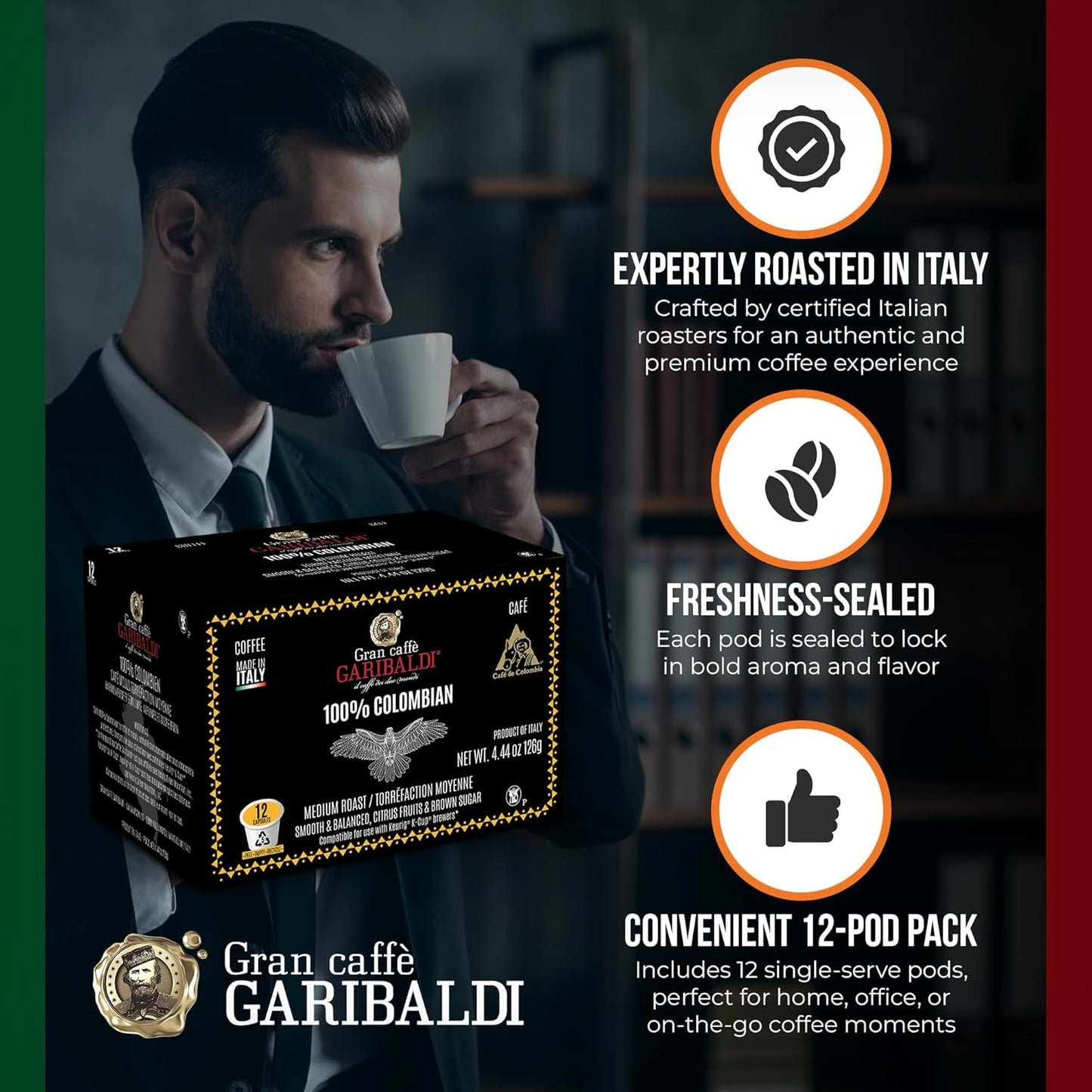 Caffè Garibaldi Sumatran Coffee Pods, Single-Serve Capsules for Keurig K-Cup Brewers with 100% Arabica Blend, Recyclable Pod and Single Serve Cups, 72 Count K-Pods - Dark Roast