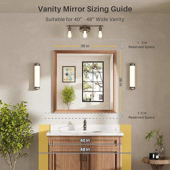 36x36 Inch Bathroom Mirror for Wall, Anti-Rust Walnut Wood Grain Metal Framed - Image 2