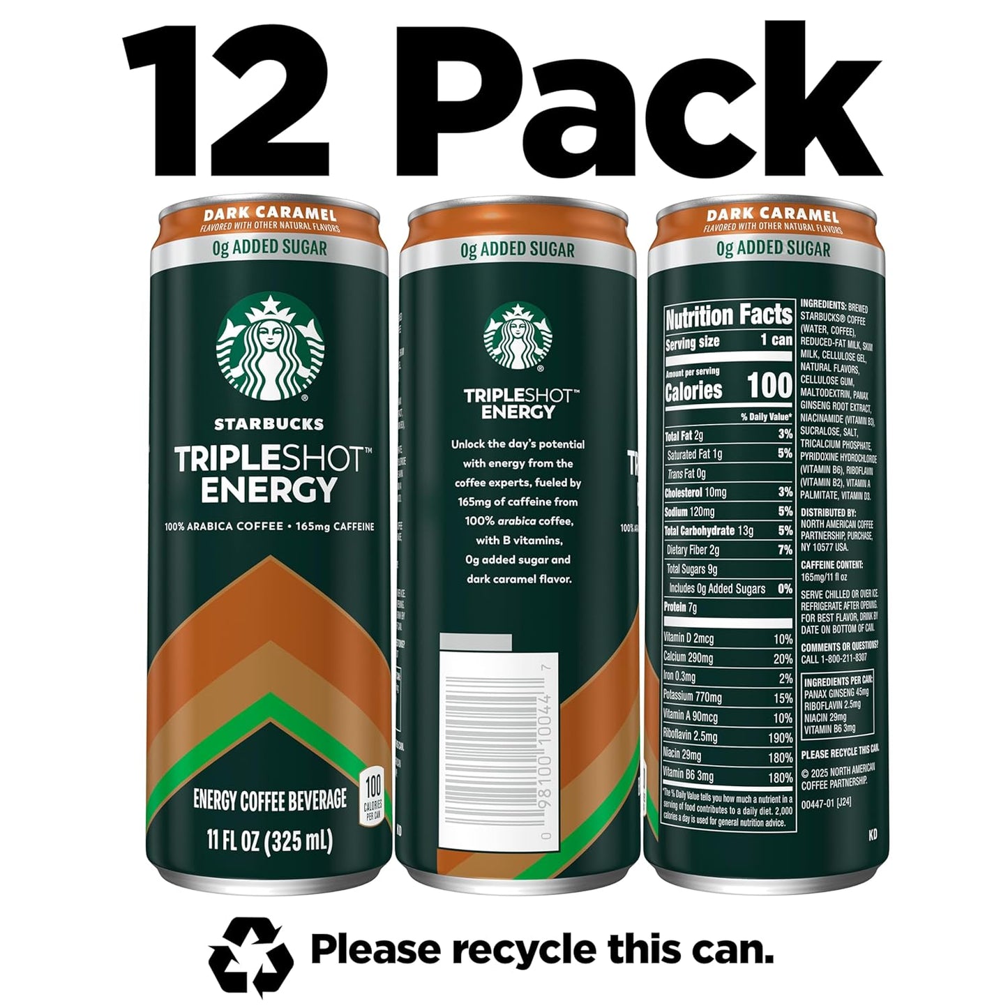 Starbucks Tripleshot Coffee Energy Drink, Dark Caramel, 11 fl oz Cans (12 Pack), Triple Blend, 165mg Caffeine, B Vitamins, Protein, Iced Coffee (Packaging and Formula May Vary)