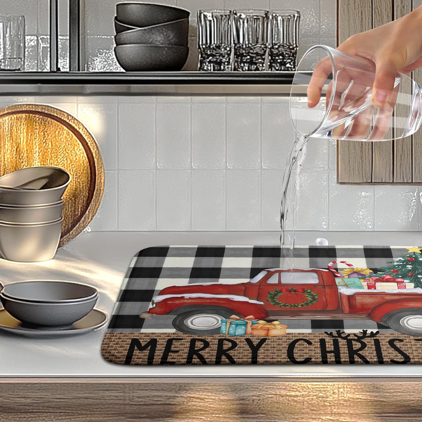 Merry Christmas Truck Dish Drying Mat Winter Large Kitchen Mats Dish Drying Pad Xmas Tree Absorbent Dish Dryer Mat for Kitchen Countertops Microfiber Drainer Pad Dish Drying Mats (18x24 in)