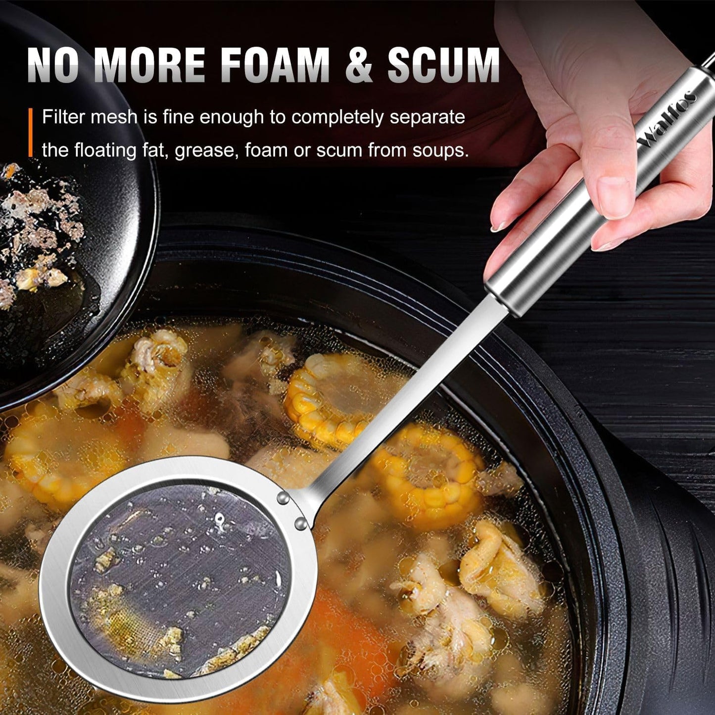 Walfos Fat Skimmer Spoon, 304 Stainless Steel Fat skimmer For Cooking, Fine Mesh Strainer, Food Strainer Fit For Separation Of The Floating Foam, Fat, Grease - Set of 2 Sise