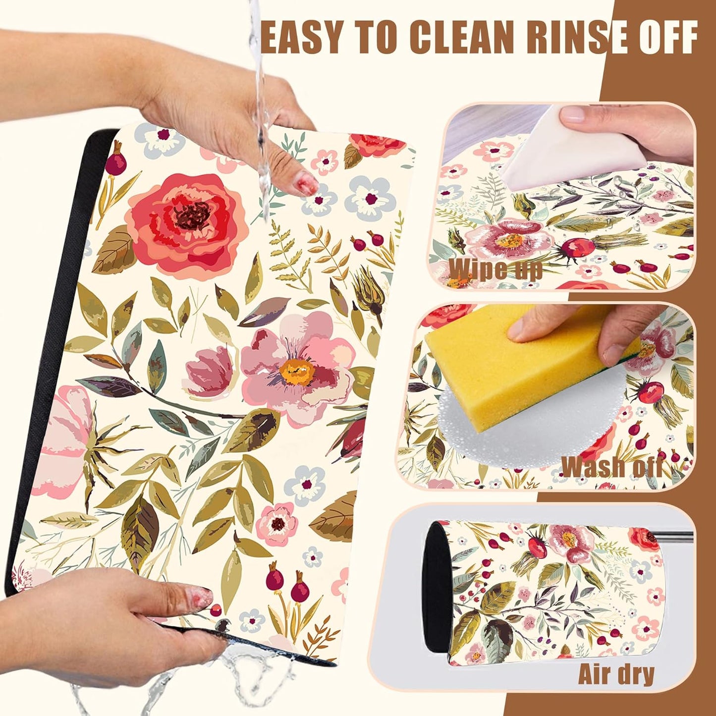 Vintage Flowers Coffee Mat Rose Berries Dish Drying Mat for Kitchen Counter Hide Stain Absorbent Rubber Backed Coffee Bar Accessories Fit Under Espresso Machine Dish Drainer, 11.8 x 19.7 Inch