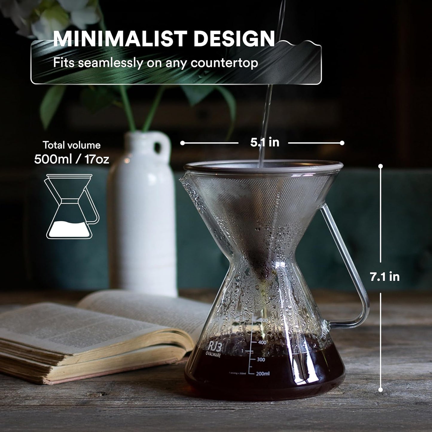ovalware Pour Over Coffee Maker Set | 17oz / 0.5L Borosilicate Carafe with 304 Stainless Steel Filter and Precision Measuring Cup | Glass Coffee Dripper for Home Brewing