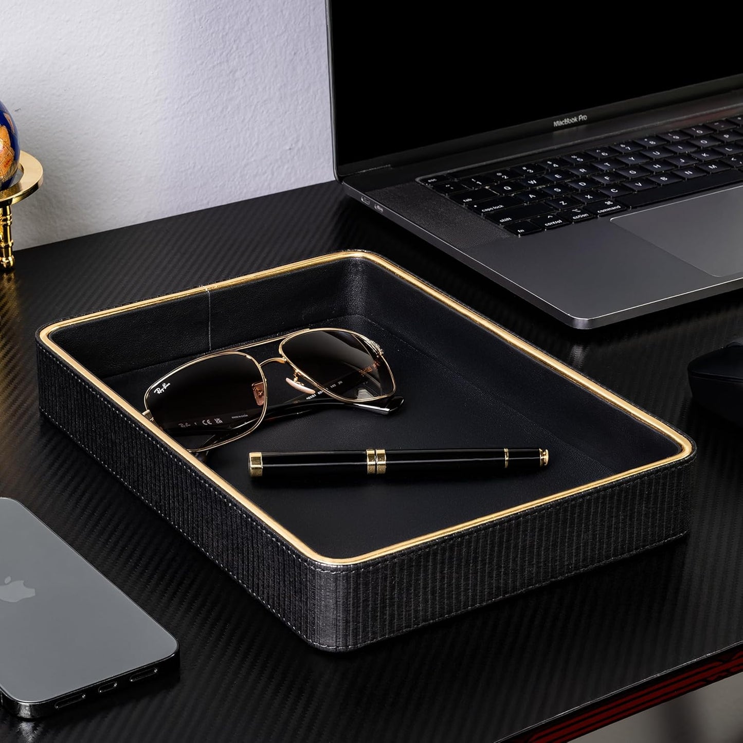 Black Leather Valet Tray for Men| Mens Valet Catch All Trays| Bedside Organizer for Nightstand| Cologne Tray for Men| Desk Trays