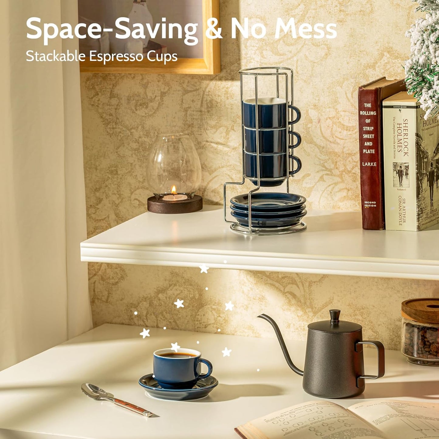 Sweese 4 Ounce Porcelain Stackable Espresso Cups with Saucers and Metal Stand Set of 4, Navy