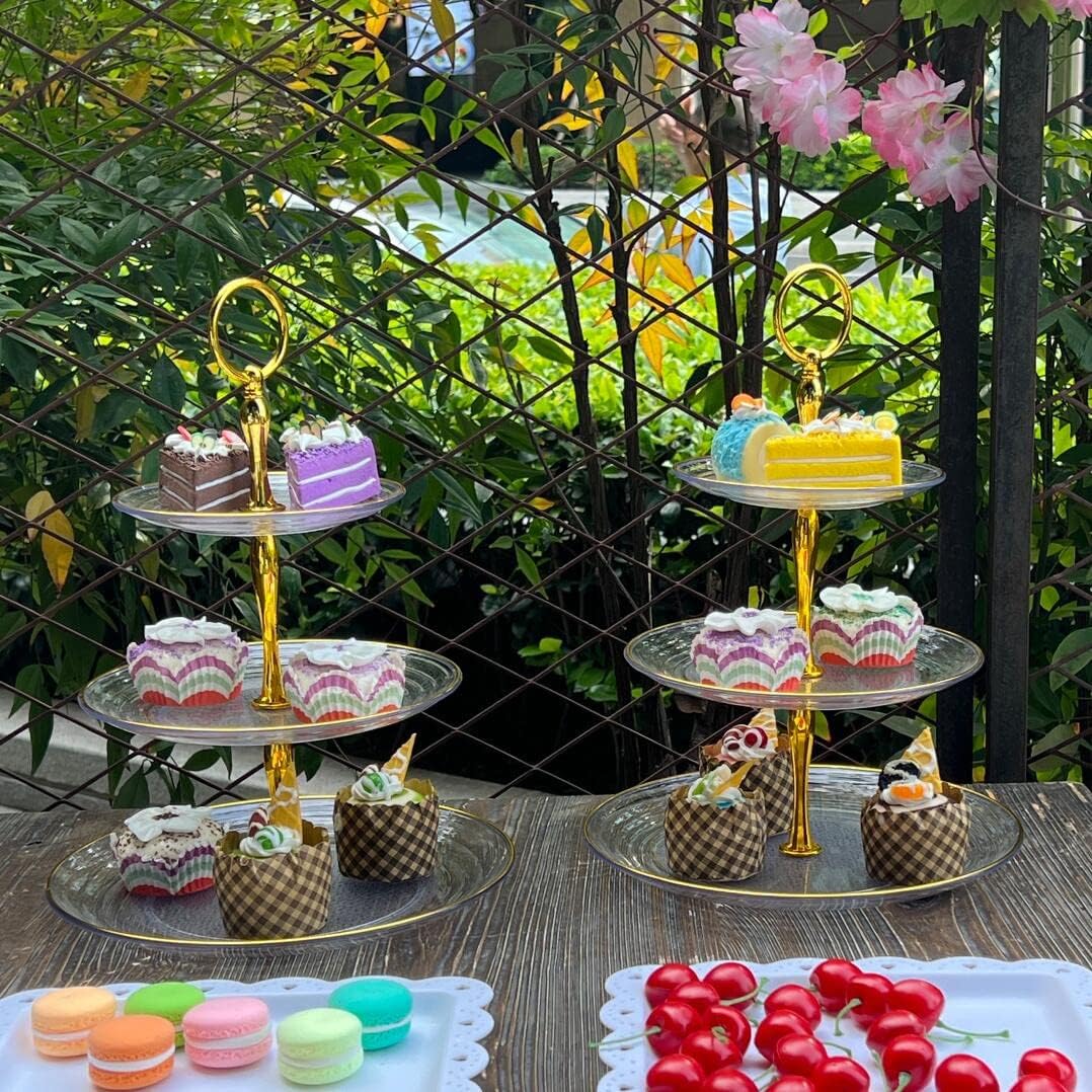 2 Pack of Dessert Cupcake Stand with Gold Trim, 3 Tier Cup Cake Holder Tower for Tea Party, Birthday, Wedding, Plastic Tiered Serving Tray, Clear