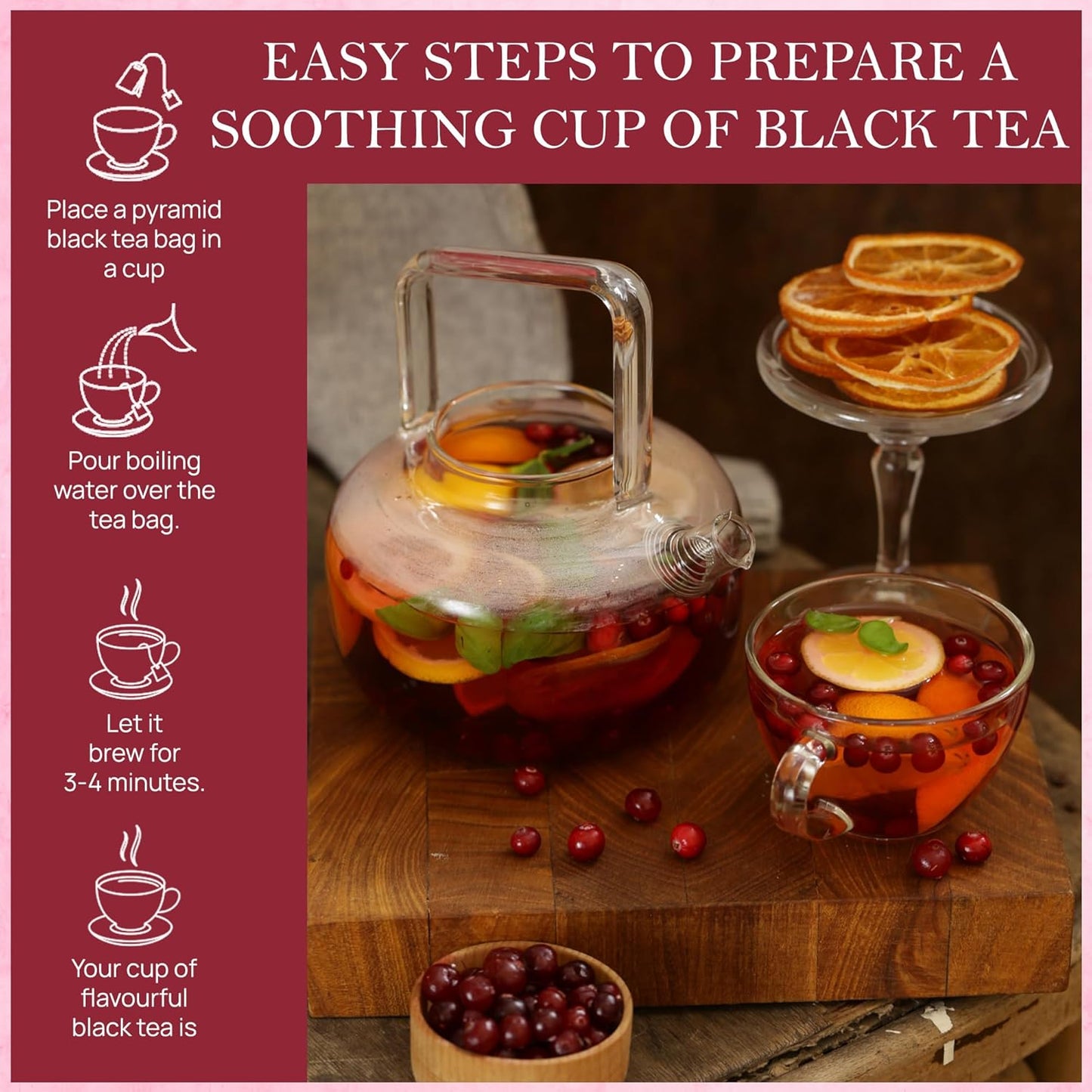 Tealeaf & Co. Cranberry Orange Black Tea Bags Blended with Fresh Herbs and Spices - Organic Black Tea Bags with Orange Peel, Star Anise & Hibiscus - Low Caffeine - Gluten Free - 50 Teabags