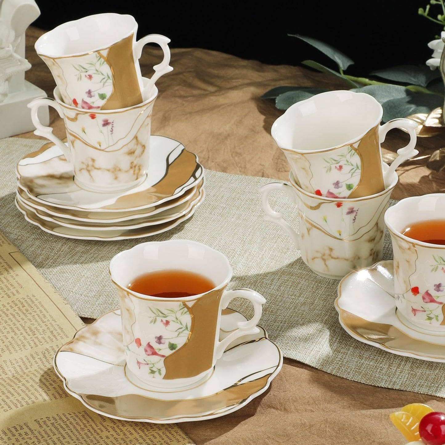 fanquare 2.5 Ounce Demitasse Cup and Saucers, 12 Pieces Ceramic Espresso Cups Set of 6, Brown Marble Pattern Espresso Mugs for Coffee Bar Home