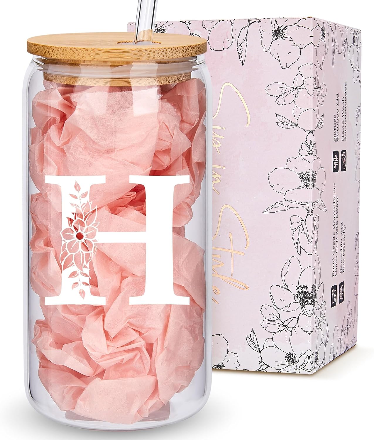 Personalized Gifts for Women, Monogrammed Glass Cups with Lids and Straws, Custom Tumbler, Cute Customized Mug, Aesthetic Stuff, Initial Iced Coffee Cup, Drinking Glasses, Birthday Teacher Gifts, H