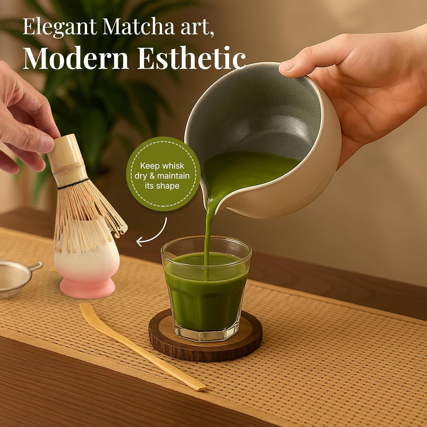 Matcha Whisk Set,includes Matcha Bowl,Matcha Whisk and Holder by Bamboo, Spout, Matcha Sifter Strainer Spoon Scoop Chasen Holder Towel- Perfect Japanese Matcha Set(8 Pcs Pink)