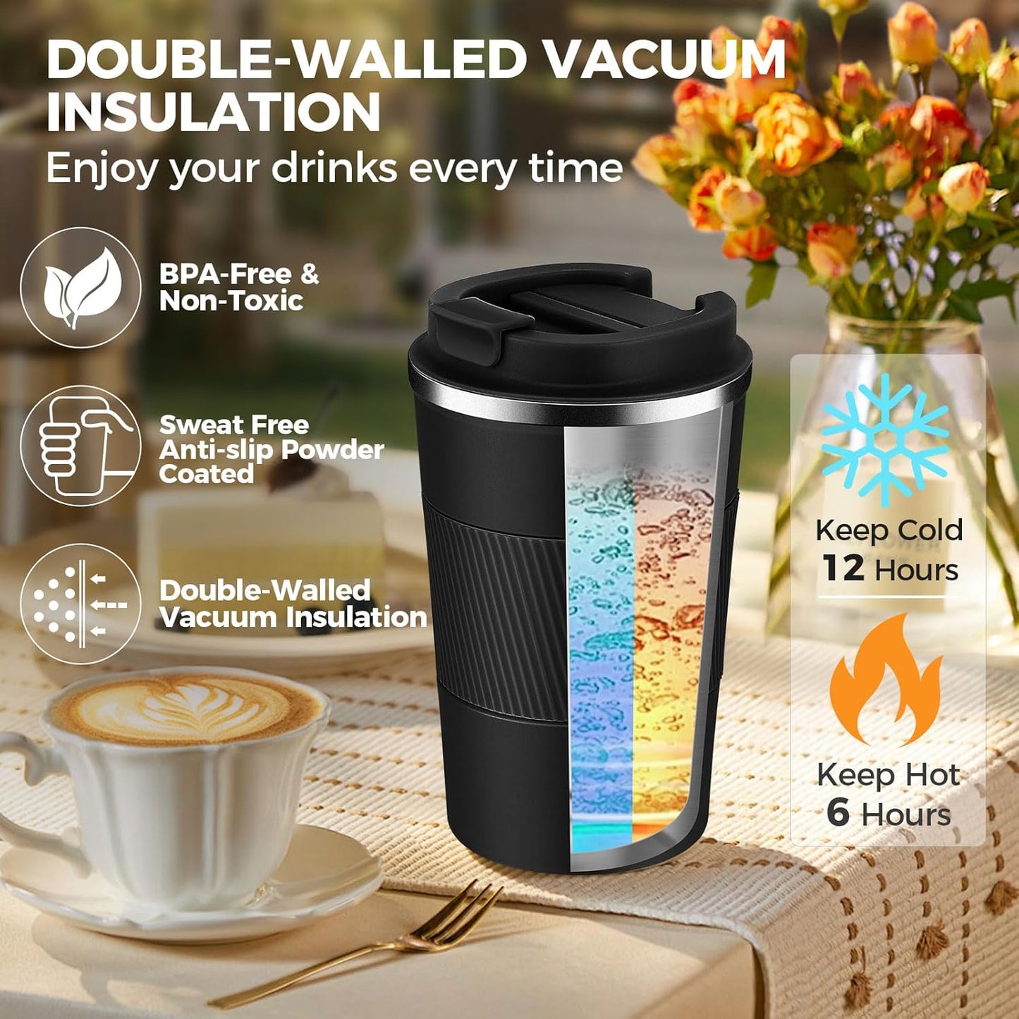 Volhoply 13 oz Stainless Steel Insulated Travel Coffee Mug with Fip Lid,Reusable Double Wall Vacuum Metal Coffee Cup,Portable to Go Leak Proof Cafe Thermal Tumbler for Hot & Cold Drinks(Black,1)