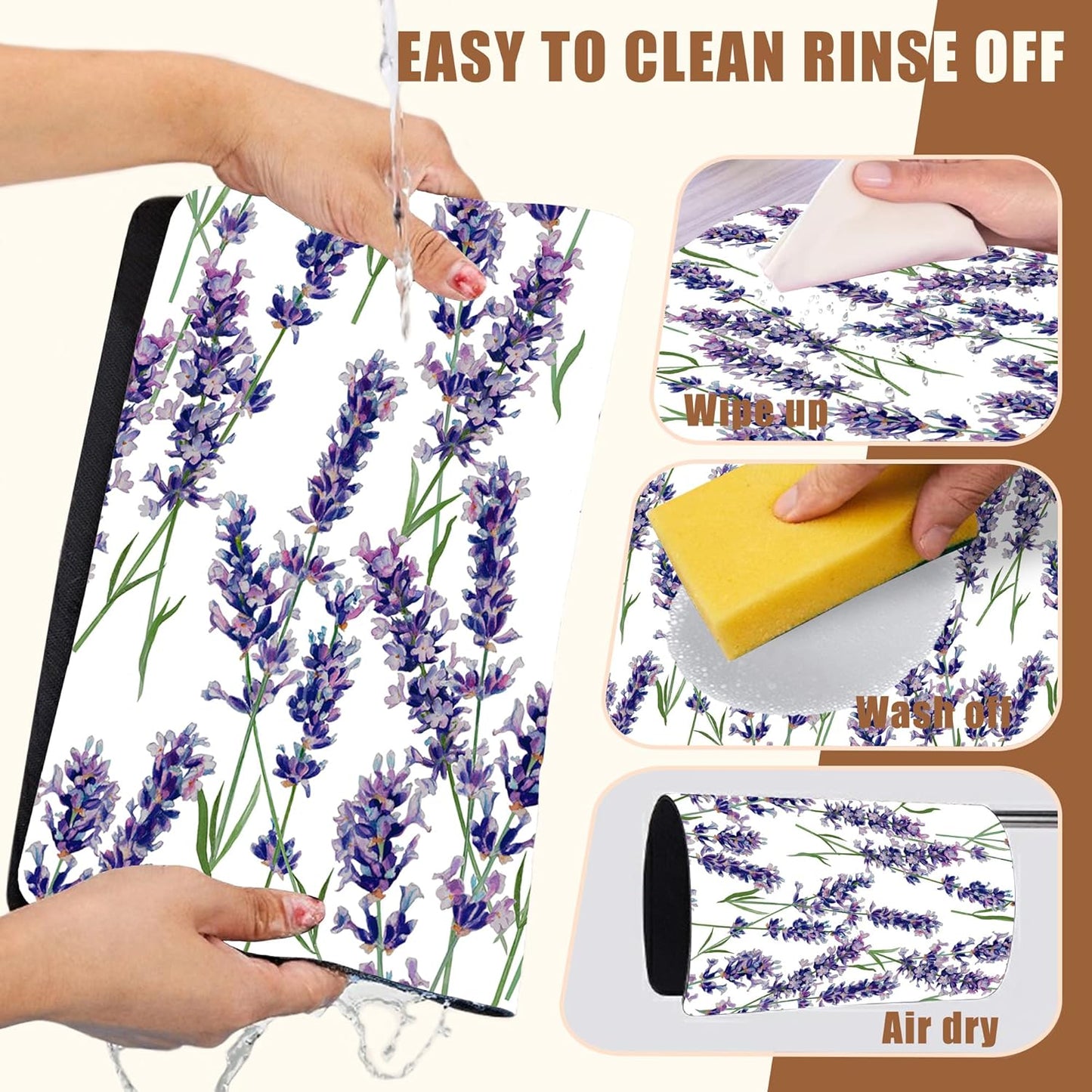 Dish Drying Mat Lavender Flowers Coffee Bar Mat for Countertop Absorbent Rubber Backed Hide Stain Dish Drainer Rack Pad Espresso Machine Cafe Table Dining Room Decoration 11.8 x 19.7 Inch