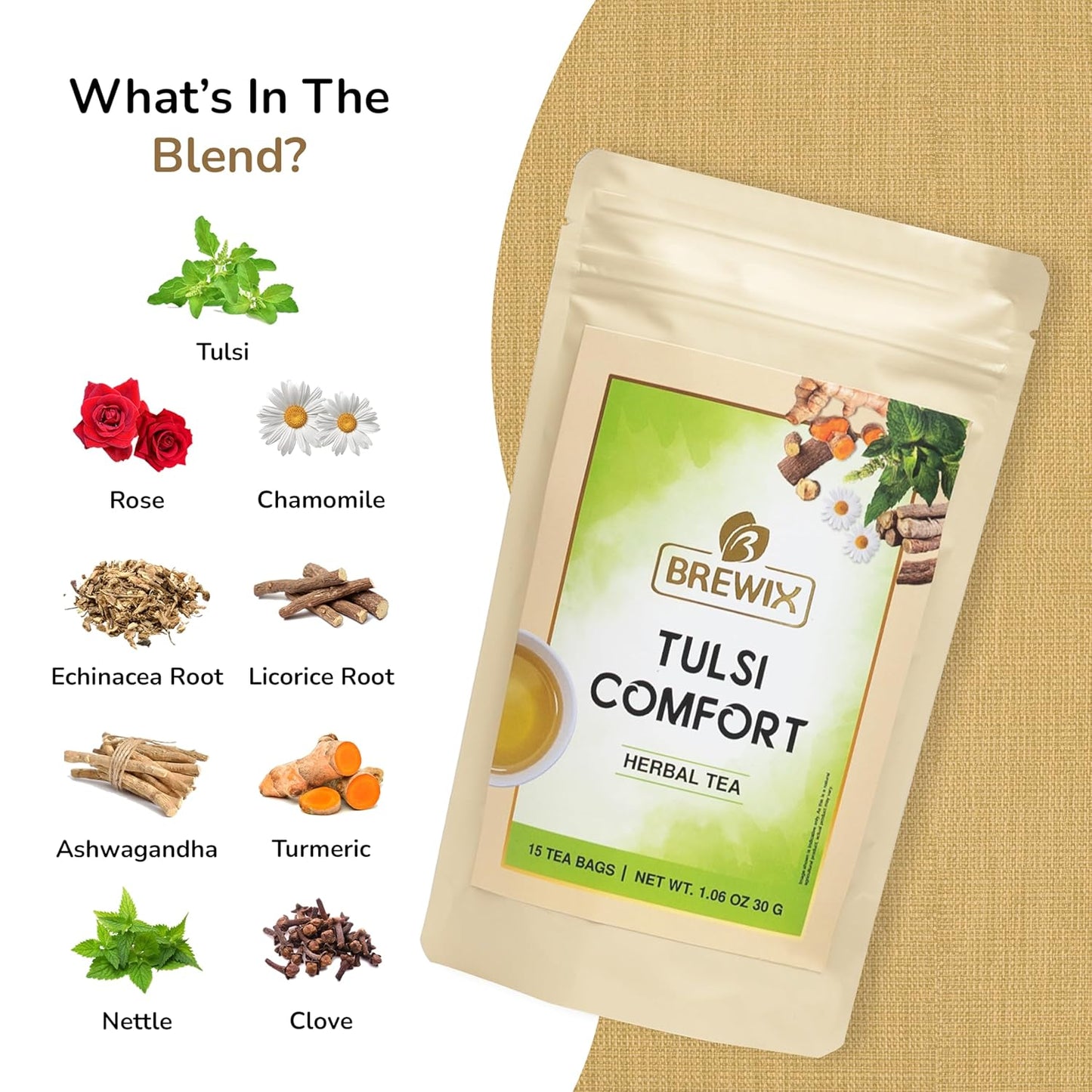 BREWIX Holy Basil Tea Bags (15 Pyramid Tea Bags) | Tee With Tulsi Leaves and Chamomile | Caffeine Free, Calming Herbal Tea With Fresh and Cool Flavor